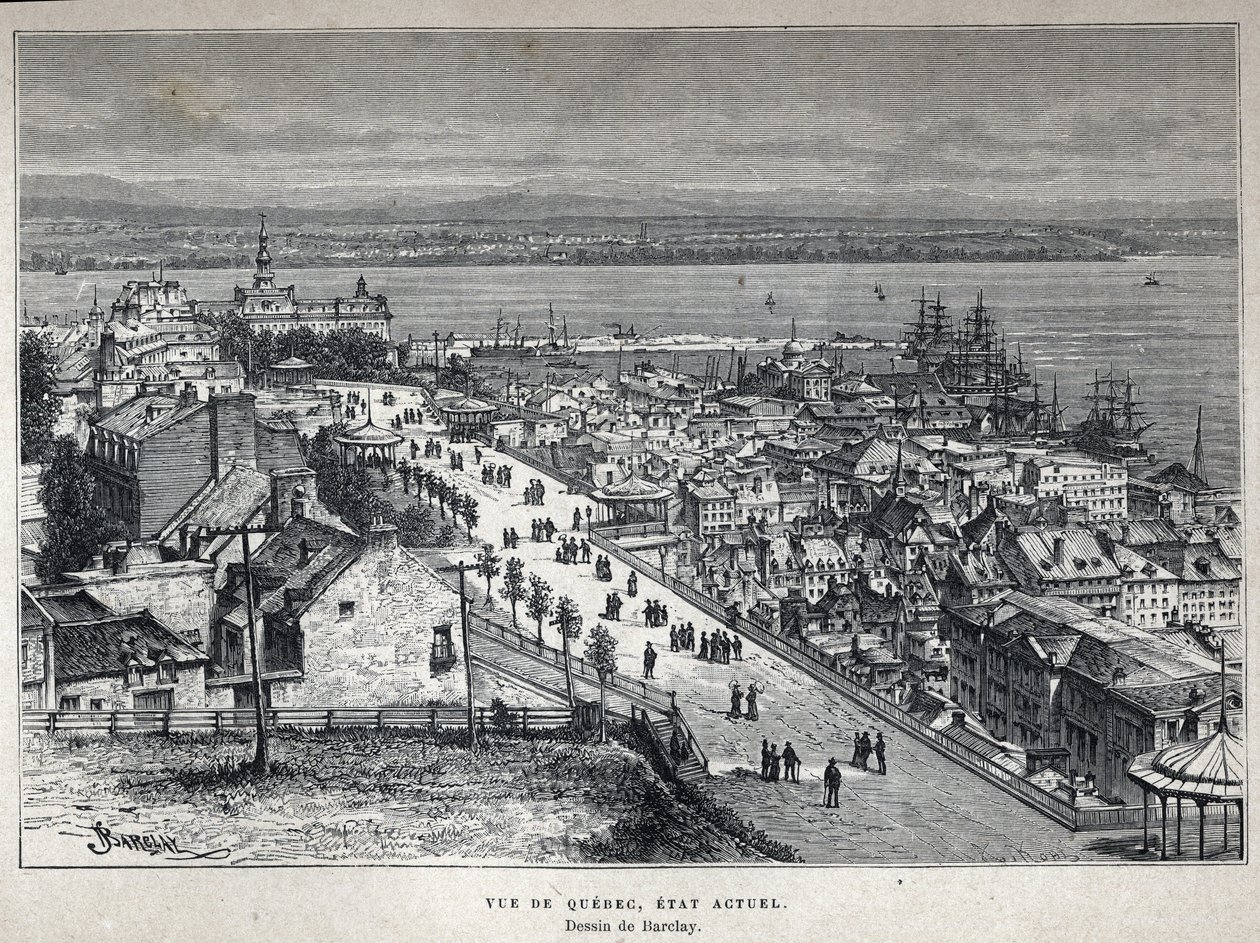 Oplev Canada: udsigt over Quebec City i slutningen af det 19. århundrede. Barclay tegning. Indgravering fra slutningen af det 19. århundrede i "La nouvelle France" af Eugene Guenin. af French School