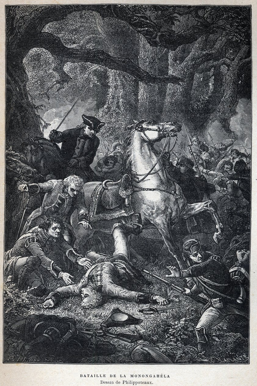 Opdaget Canada: Slaget ved Monongahela i 1755 under syvårskrigen. Tegning af Philippoteaux. Indgravering fra slutningen af det 19. århundrede i "La nouvelle France" af Eugene Guenin. af French School