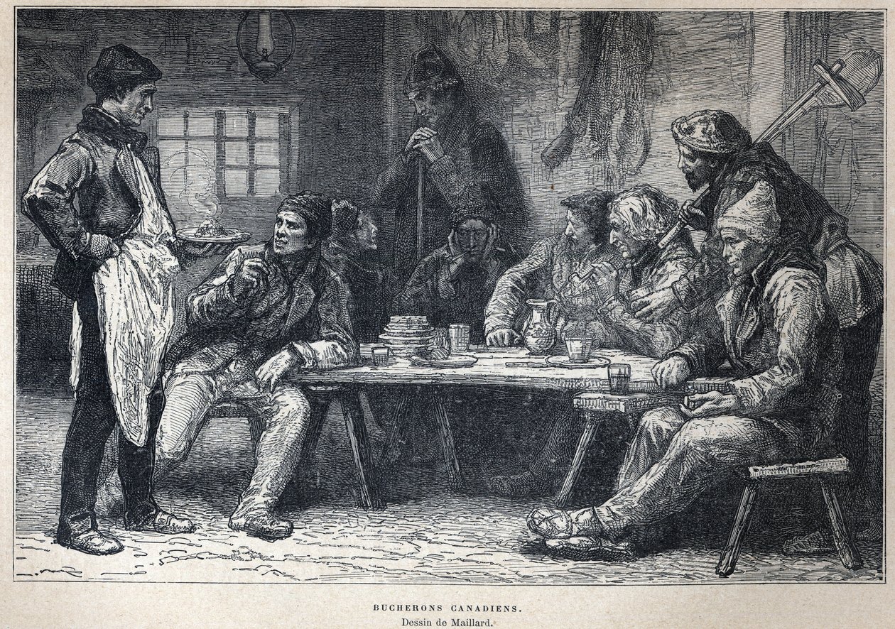 Opdaget Canada: Canadiske skovhuggere. Tegning af Maillard. Indgravering fra slutningen af det 19. århundrede i "La nouvelle France" af Eugene Guenin. af French School