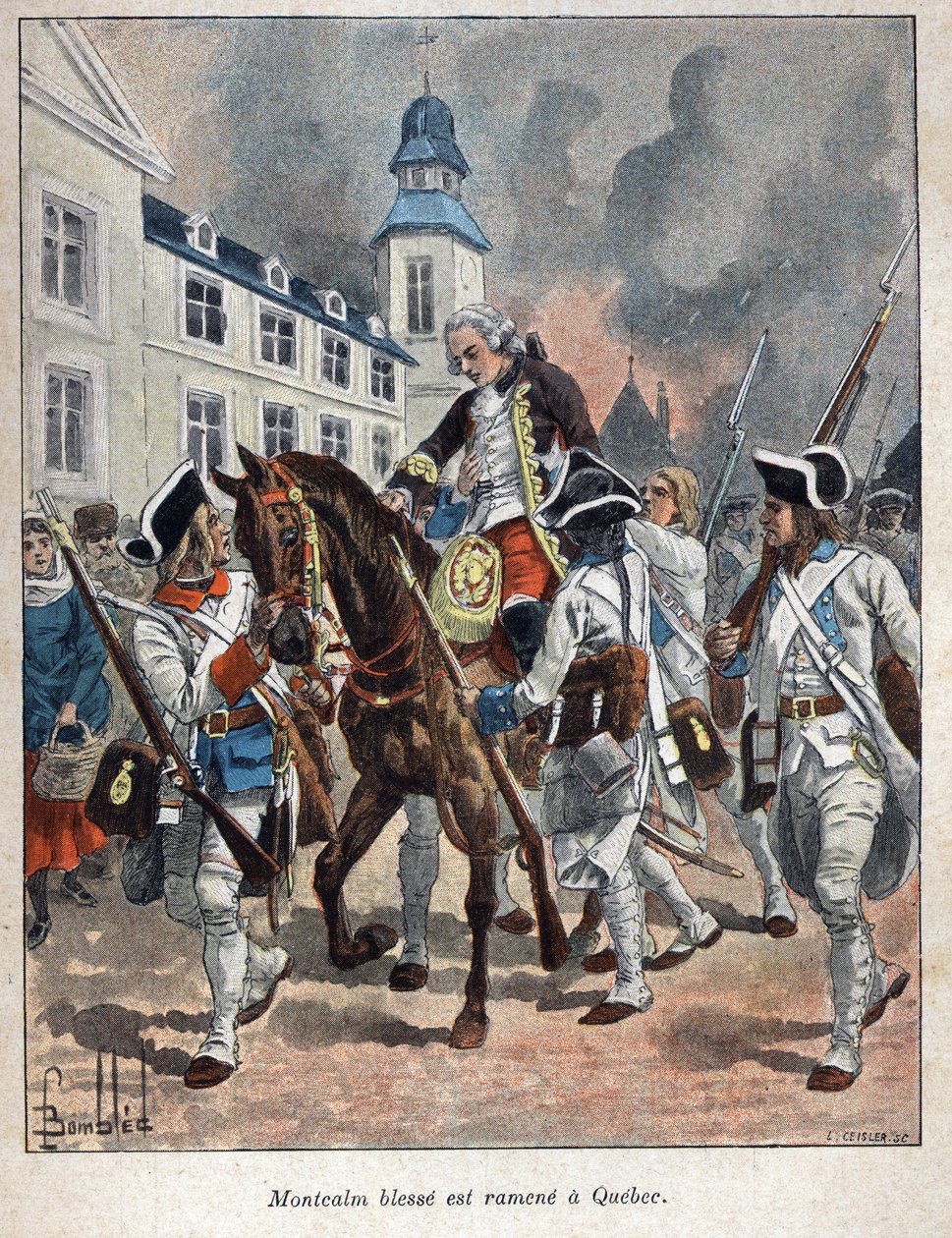 Opdaget Canada: Louis Joseph de Montcalm (1712-1759) general francais såret under belejringen af byen Quabec af englænderne og bragt tilbage til Quebec i 1759. Indgravering fra slutningen af det 19. århundrede i "La nouvelle France" af Eugene Guenin. af French School