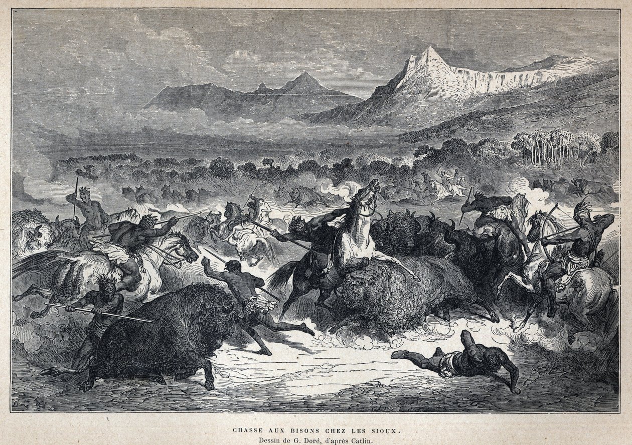 Opdaget Canada: Sioux-bisonjagt. Tegning af Gustave Dore efter Catlin. Indgravering fra slutningen af det 19. århundrede i "La nouvelle France" af Eugene Guenin. af French School
