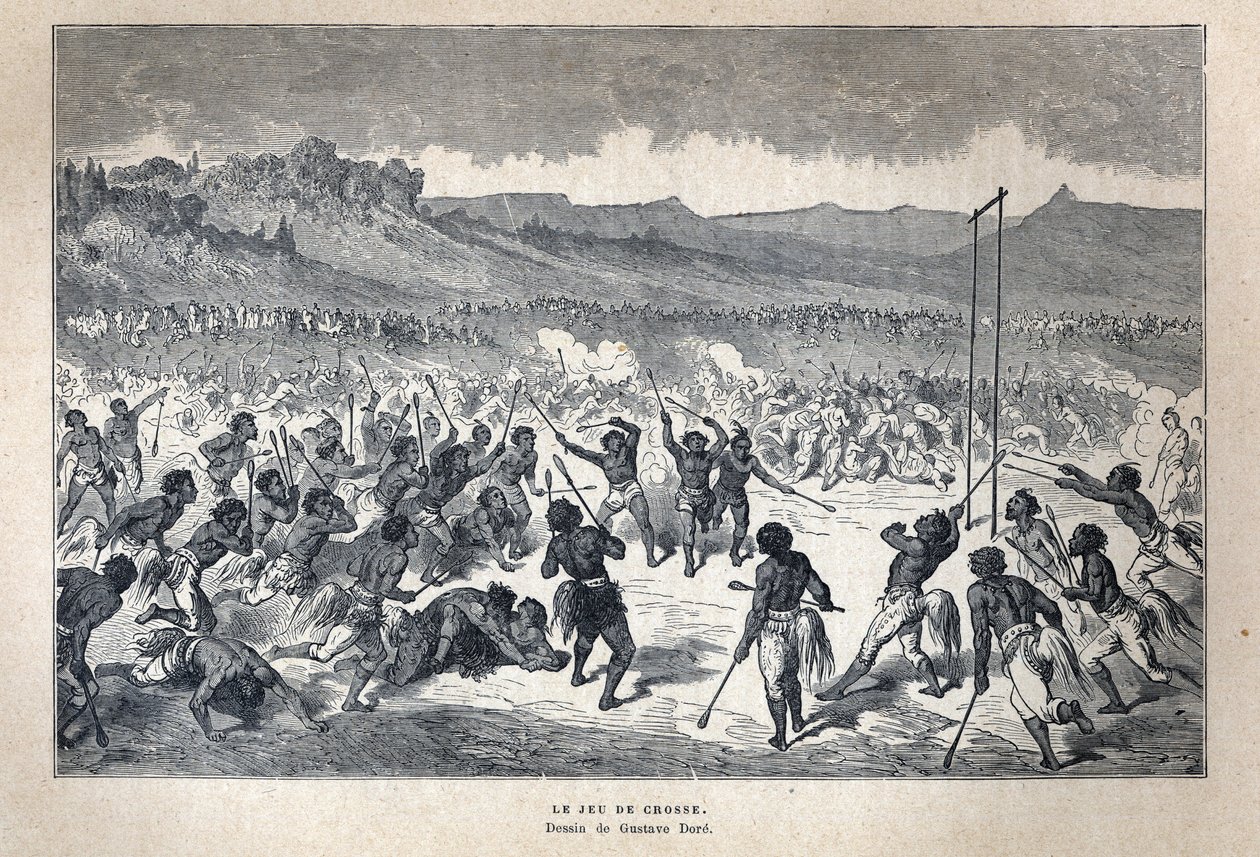Opdaget Canada: Sport. American Indian lacrosse spil. Tegning af Gustave Dore. Indgravering fra slutningen af det 19. århundrede i "La nouvelle France" af Eugene Guenin. af French School