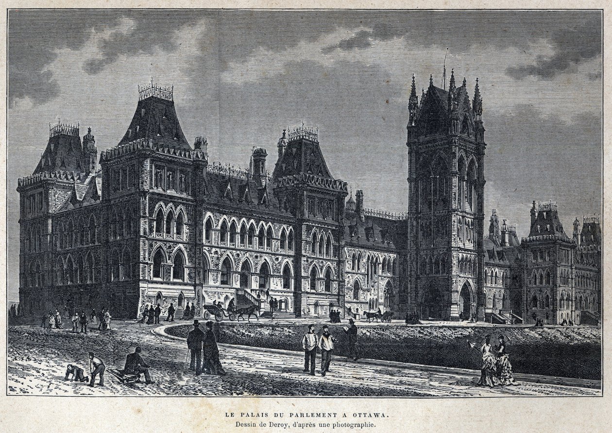 Opdaget Canada: Parlamentspaladset i Ottawa. Tegning af Deroy ud fra et fotografi. Indgravering fra slutningen af det 19. århundrede i "La nouvelle France" af Eugene Guenin. af French School