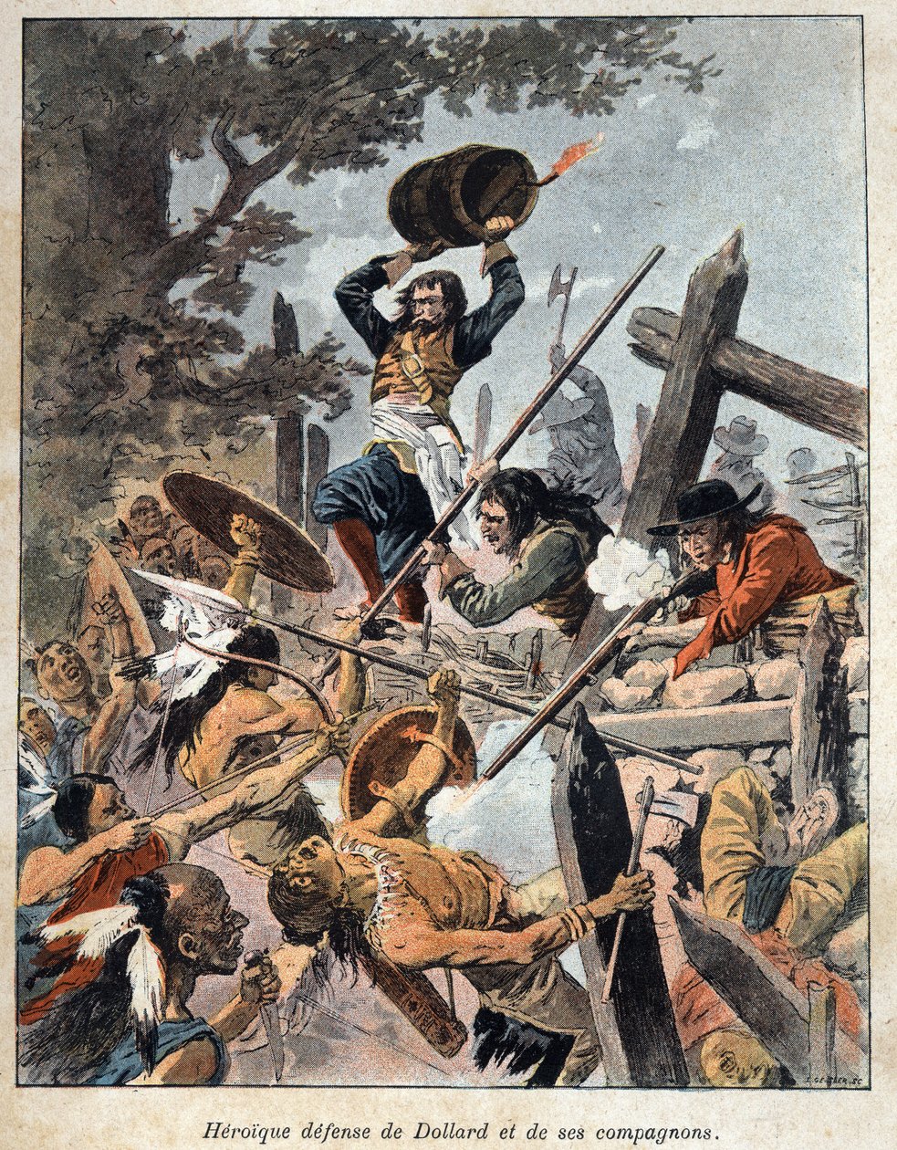 Opdaget Canada: forsvar af Adam Dollard des Ormeaux (1635-1660) og hans ledsagere mod indianerne i Iroquois America for at beskytte deres lejr i 1657. Indgravering fra slutningen af det 19. århundrede i "La nouvelle France" af Eugene Guenin. af French School