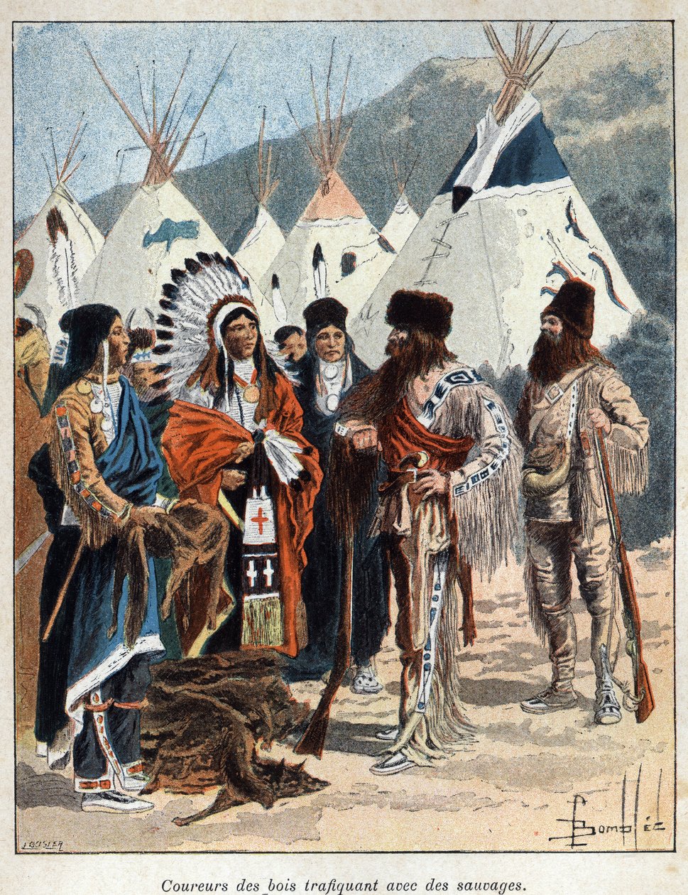 Opdagede Canada: coureurs de bois, involveret i pelshandel med indianerne i Amerika, der handlede med dyreskind i det 17. århundrede. Indgravering fra slutningen af det 19. århundrede i "La nouvelle France" af Eugene Guenin. af French School