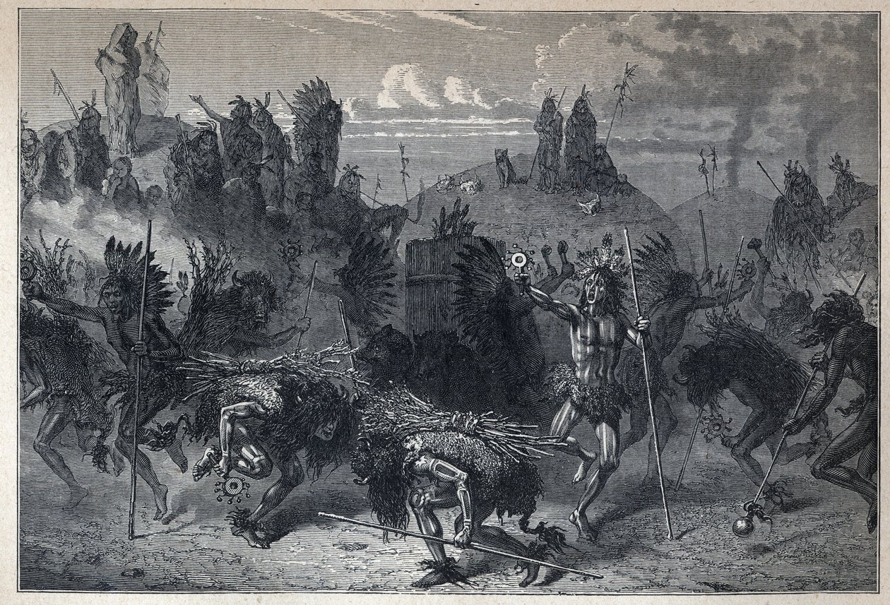 Opdagede Canada: bisonens dans i Mondanes. Indgravering fra slutningen af det 19. århundrede i "La nouvelle France" af Eugene Guenin. af French School