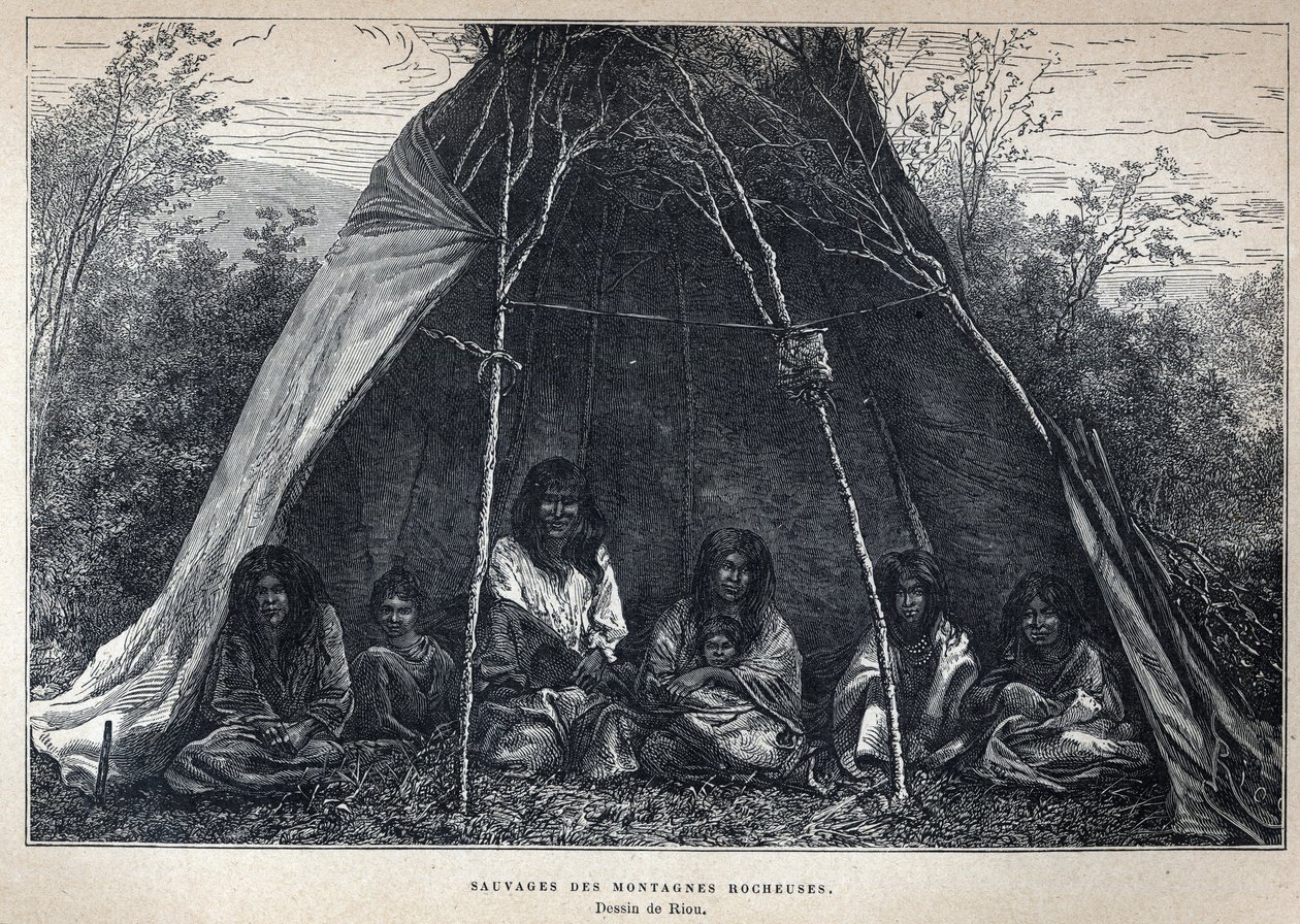 Opdaget fra Canada: Amerikanske indianere, der bor i Rockies. Indgravering fra slutningen af det 19. århundrede i "La nouvelle France" af Eugene Guenin. af French School