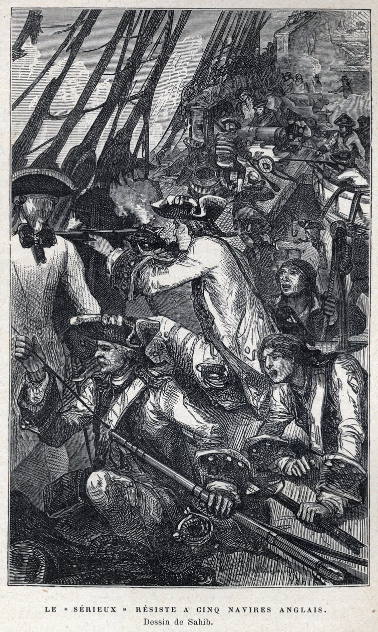 Opdaget fra Canada: Jacques Pierre de Taffanel de la Jonquiere (1685-1752) fransk flådeofficer i spidsen for det franske skib "" Le serieux"" gjorde modstand mod fem engelske skibe. Tegning af Sahib. Stik fra slutningen af 1800-tallet i “La nouvelle Fra af French School