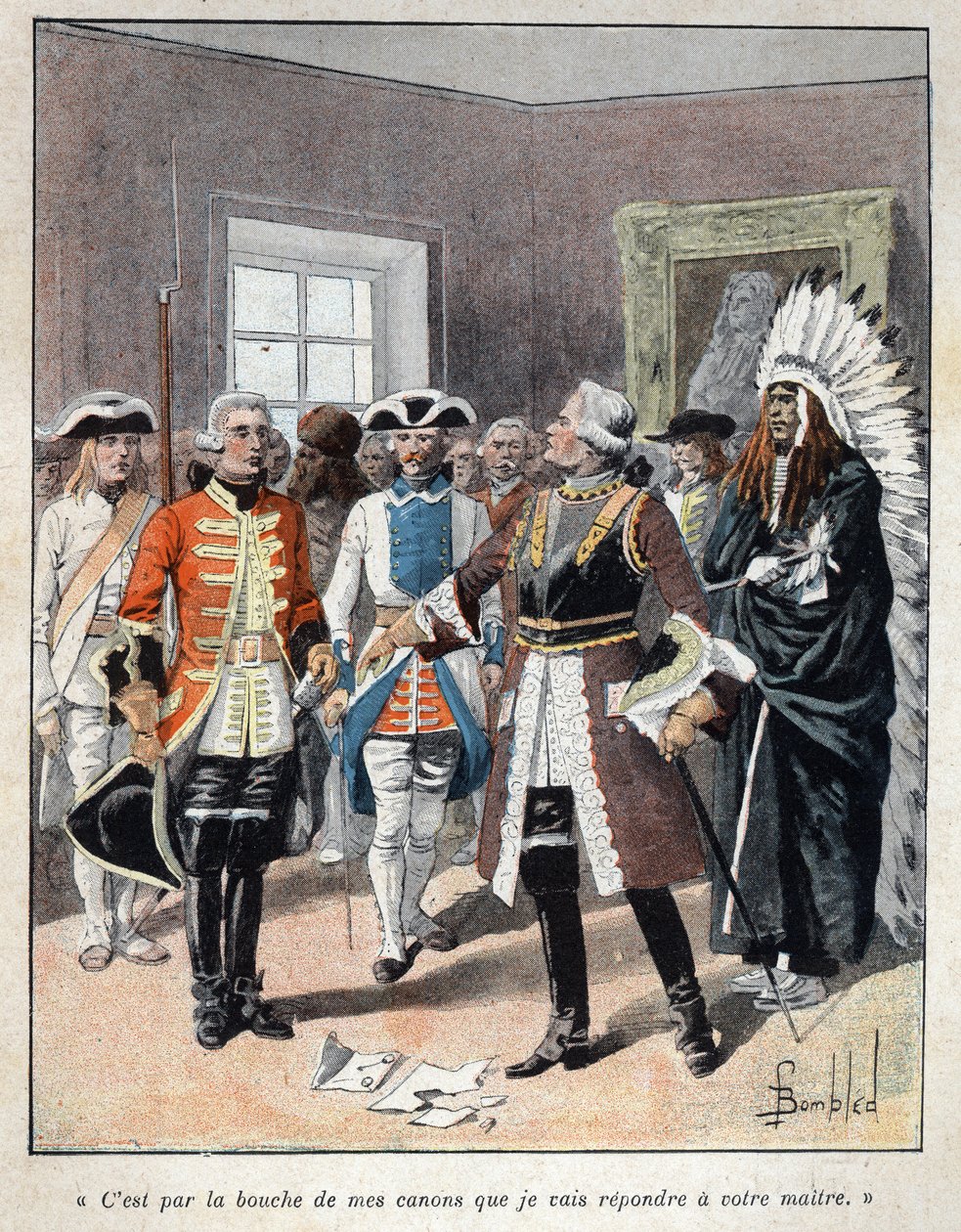 Opdaget fra Canada: Louis de Buade, greve af Frontenac (1622-1698) modtog udsendingen fra den engelske guvernør for kolonien Massachusetts (1651-1695) William Phips og svarede ham "" Det er ved mundingen af mine våben, at jeg vil svare din herre" af French School