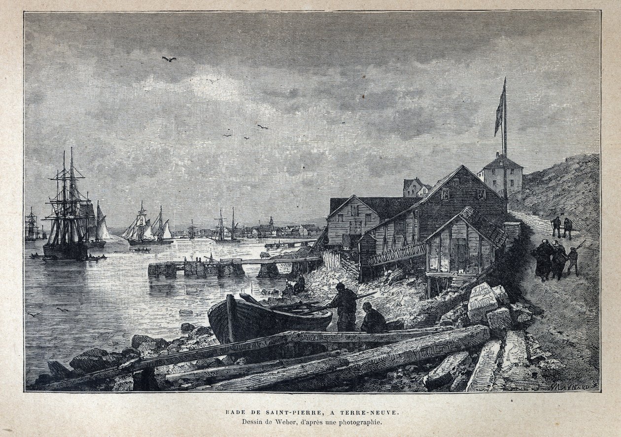 Opdaget fra Canada: St. Peters havn (St. Pierre) til Newfoundland, Newfoundland. Tegning af Weber ud fra et fotografi. Indgravering fra slutningen af det 19. århundrede i "La nouvelle France" af Eugene Guenin. af French School