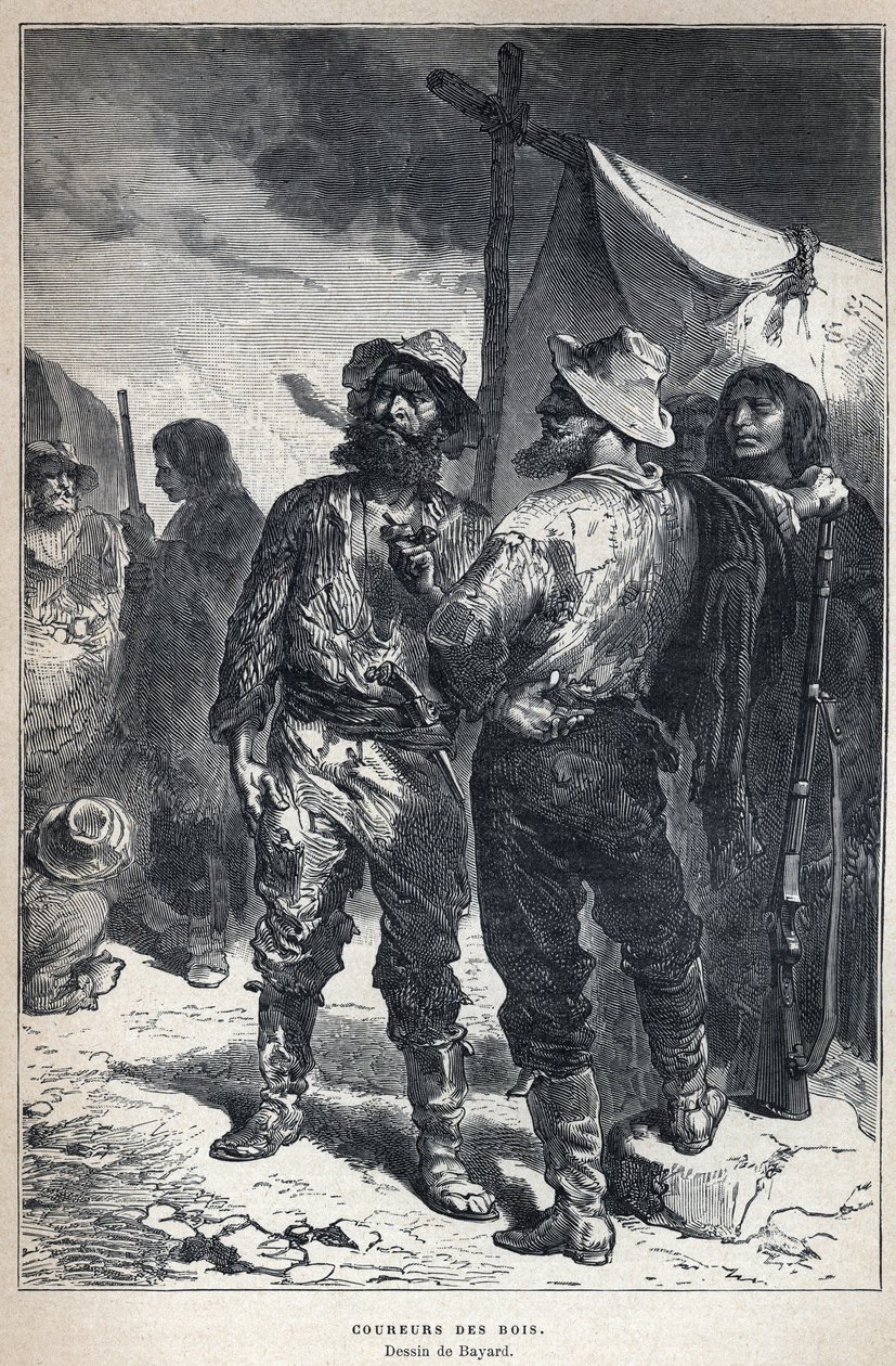 Opdaget fra Canada: coureur des bois (involveret i pelshandel med indianerne). Bayard tegning. Indgravering fra slutningen af det 19. århundrede i "La nouvelle France" af Eugene Guenin. af French School