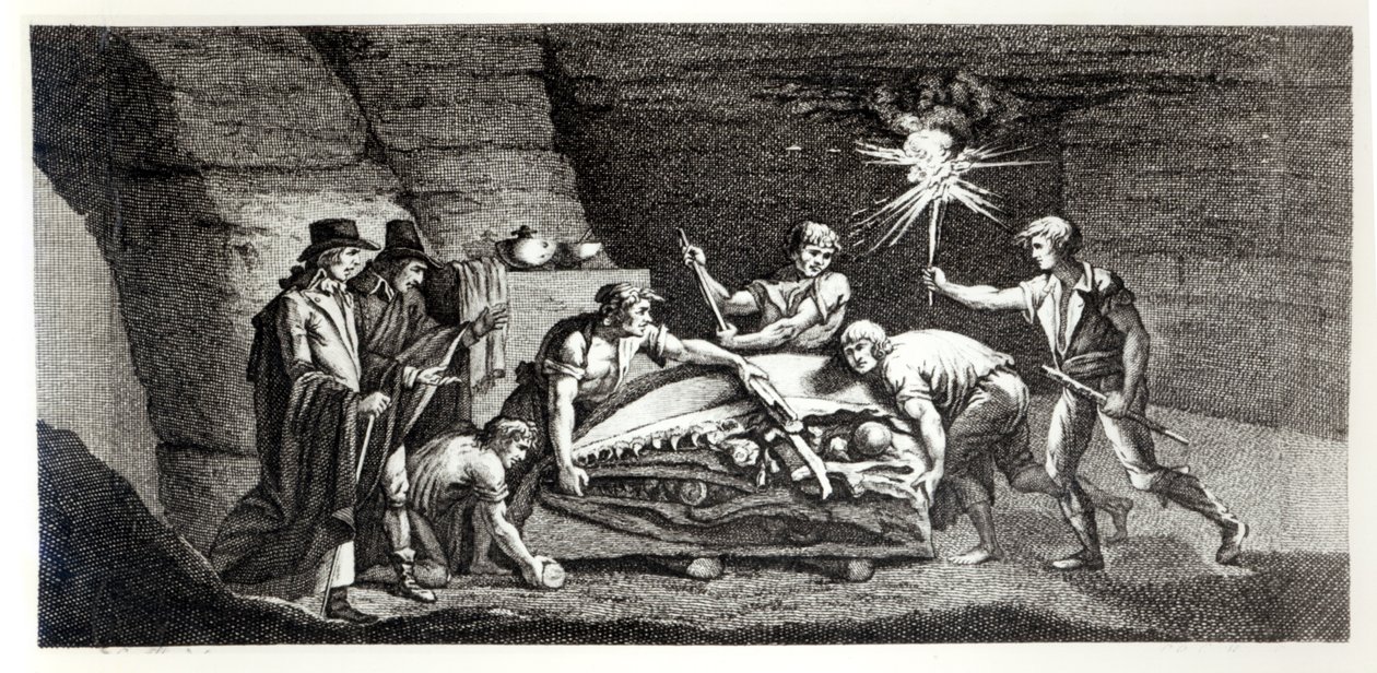 Opdagelse af knoglerne fra et forhistorisk dyr, illustration fra Histoire naturelle de la Montagne Saint-Pierre de Maastricht af Barthelemy Faujas de Saint Fond (1743-1819) 1799 af French School