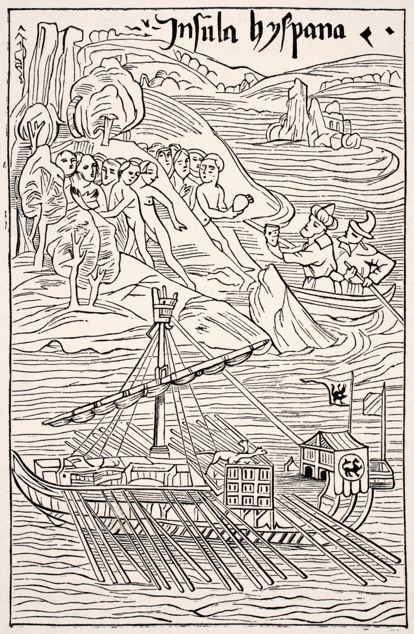Opdagelsen af Santo Domingo, Insula Hyspana, af Christopher Columbus, Faksimile af en trægravering af Epistola Christoferi Colom, fra Videnskab og litteratur i middelalderen af Paul Lacroix pub. London 1878 af French School