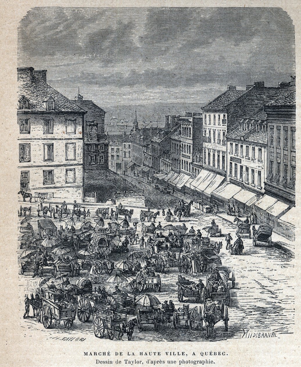Disouverte du Canada: march fra den øvre by (Upper City eller Upper City) til Quebec. Tegning af Taylor ud fra et fotografi. Indgravering fra slutningen af det 19. århundrede i "La nouvelle France" af Eugene Guenin. af French School