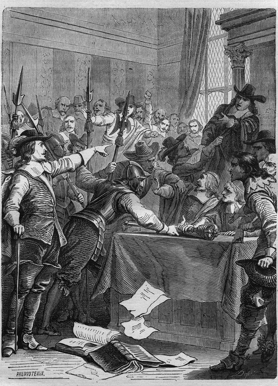 Opløsning af parlamentet af Oliver Cromwell (1599-1658) britisk militær og politiker, der regerede England. Indgravering i "" Pavernes historie (...) Dronningekongens og kejsernes forbrydelser gennem århundrederne" af Maurice Lachatre af French School