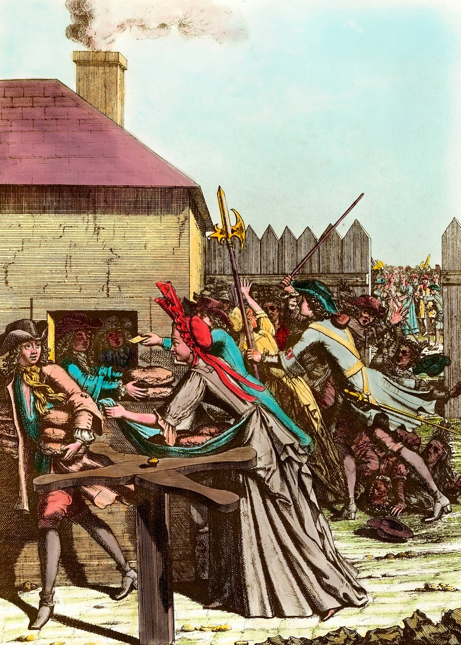 Uddeling af kongens brød i Louvre i 1709 efter den store vinter, hvilket fik prisen på korn til at stige og stor hungersnød. Stik fra slutningen af 1700-tallet. Privat samling af French School