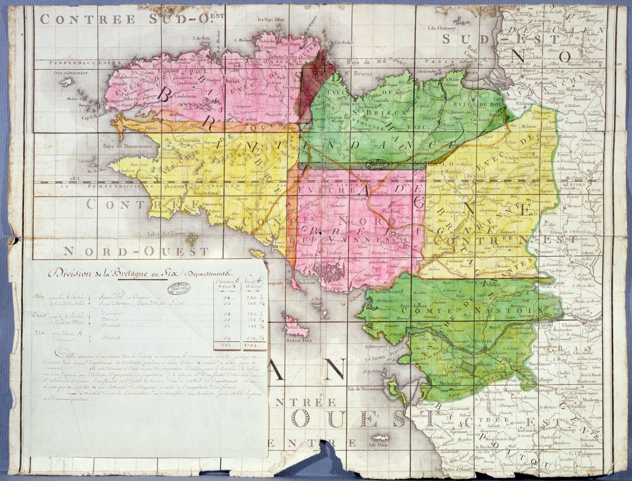 Opdeling af Bretagne i seks afdelinger, ca. 1789-90 (farve litho) af French School