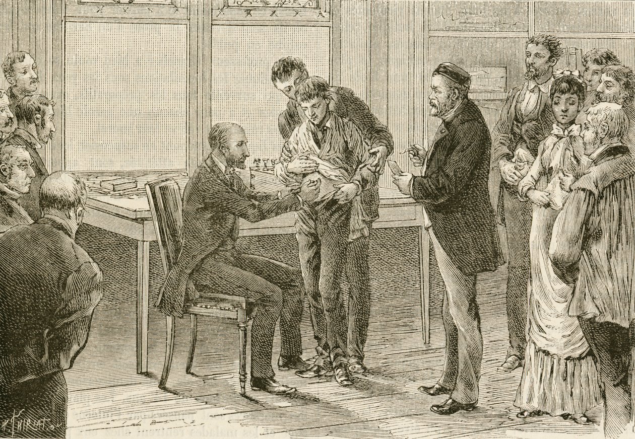 Doktor Pasteur undersøger dreng inficeret med rabies. 1800-tallet (gravering) af French School