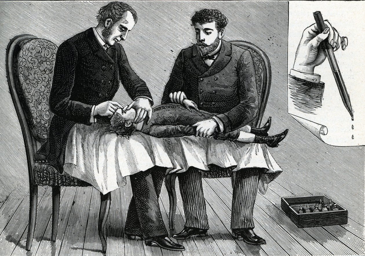 Læger undersøger et barns øjne og injicerer øjendråber (gravering) 1888 af French School