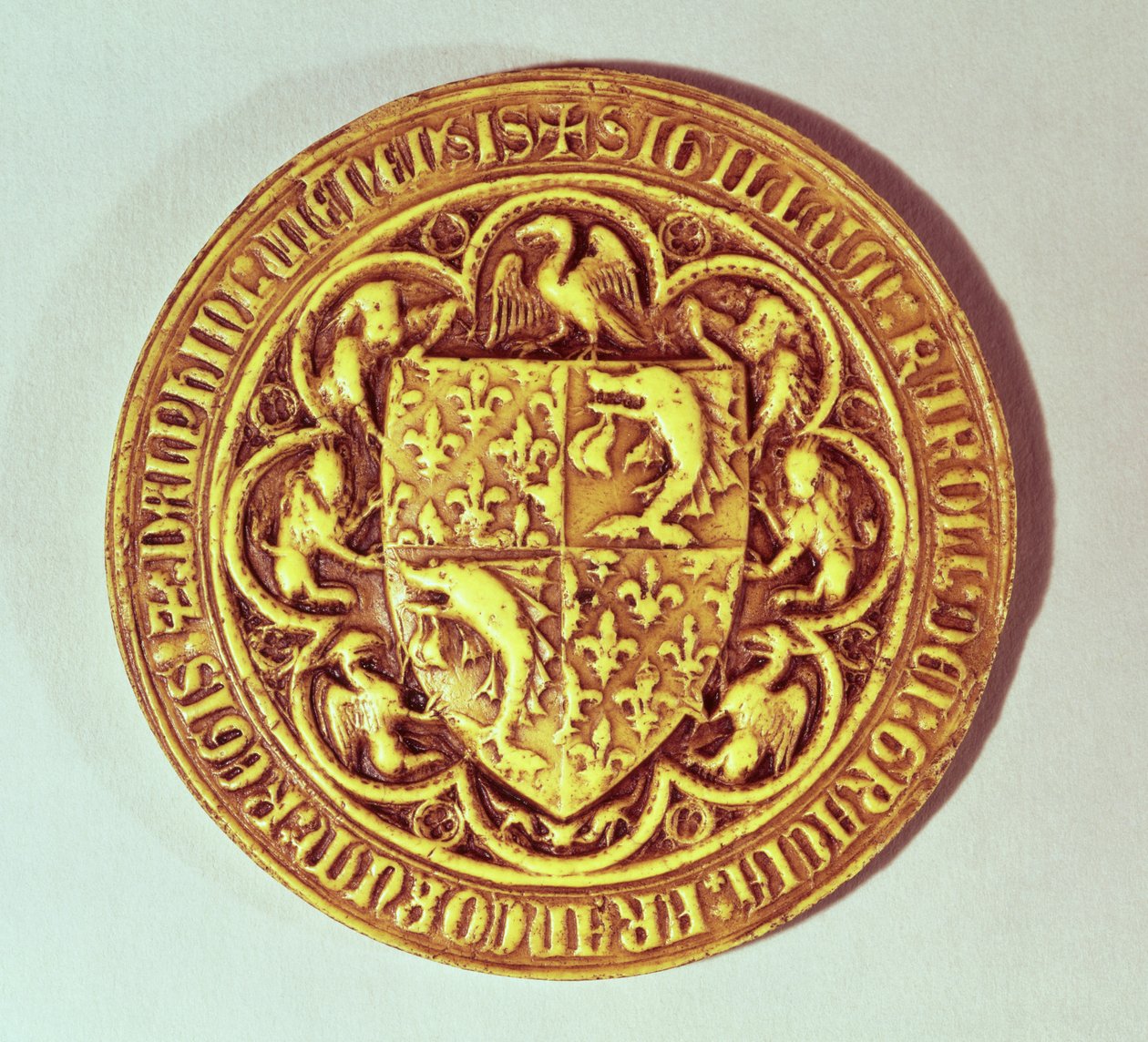 Delfinsæl, Frankrigs skjold, med delfiner og fleur-de-lys, 1376 af French School