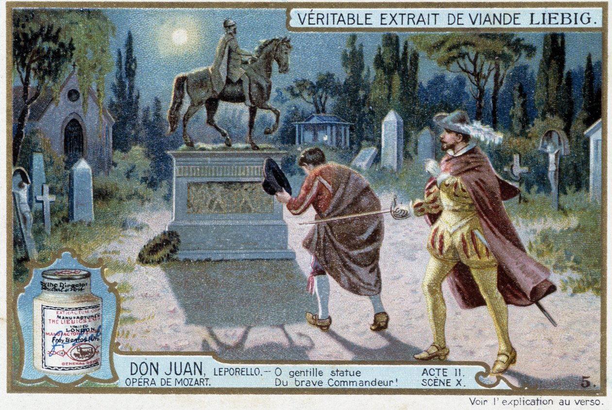 Don Juan: Akt II, Scene X, Don Juan på kirkegården og statue af kommandøren - chromo Liebig af French School