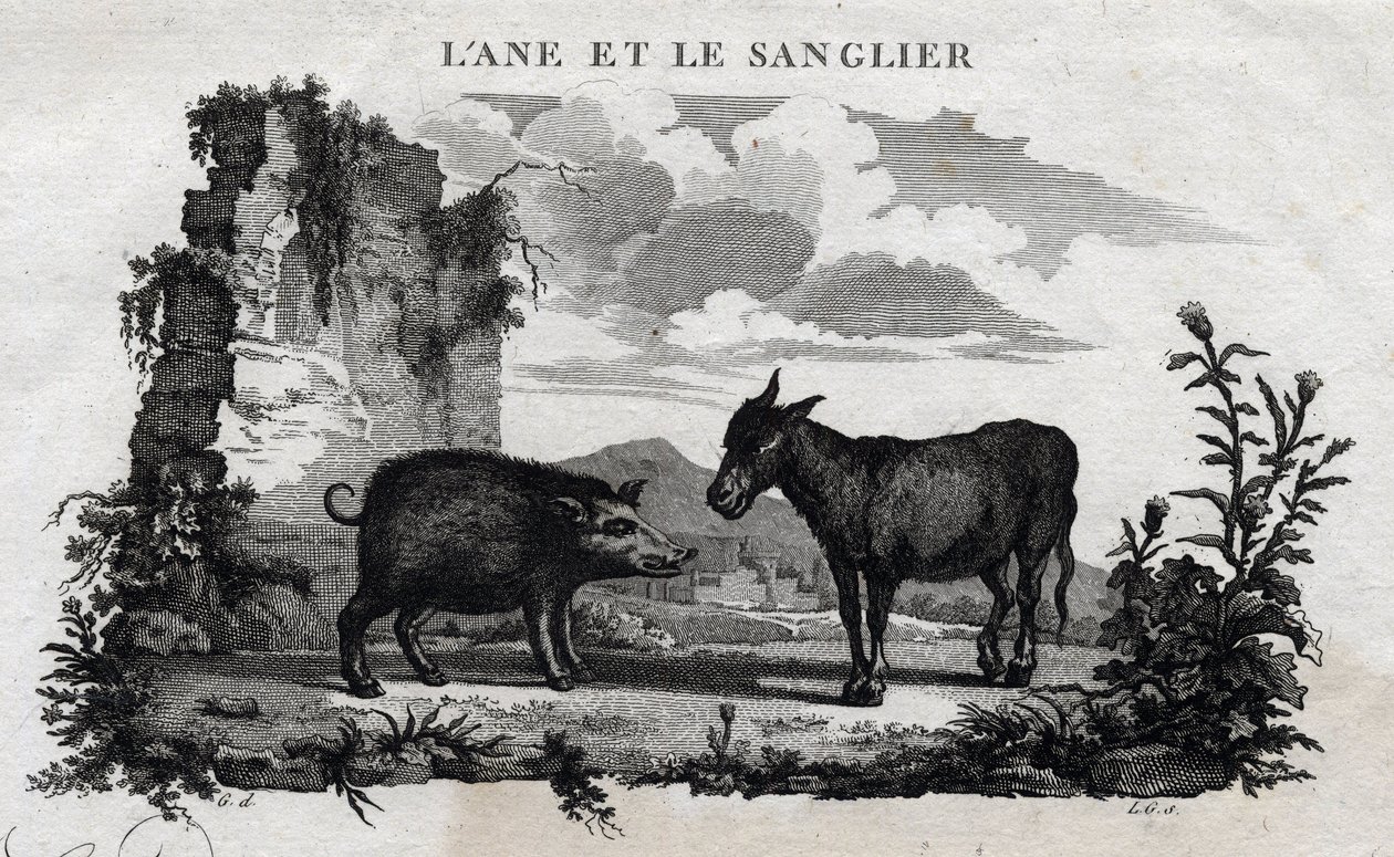 Æsel og orne. Fabel om Esope. (Græsk forfatter Esopo eller Ecopus, 6. århundrede f.Kr.) Skrevet af Guillaume Montfort og Gravees af Beauble i 1801. af French School