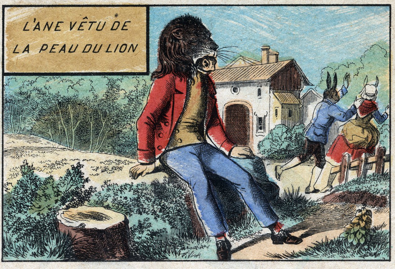 Æsel iført løvens hud. Fabler af Jean de La Fontaine (1621-95). Billedbillede af Epinal fra slutningen af det 19. århundrede. af French School