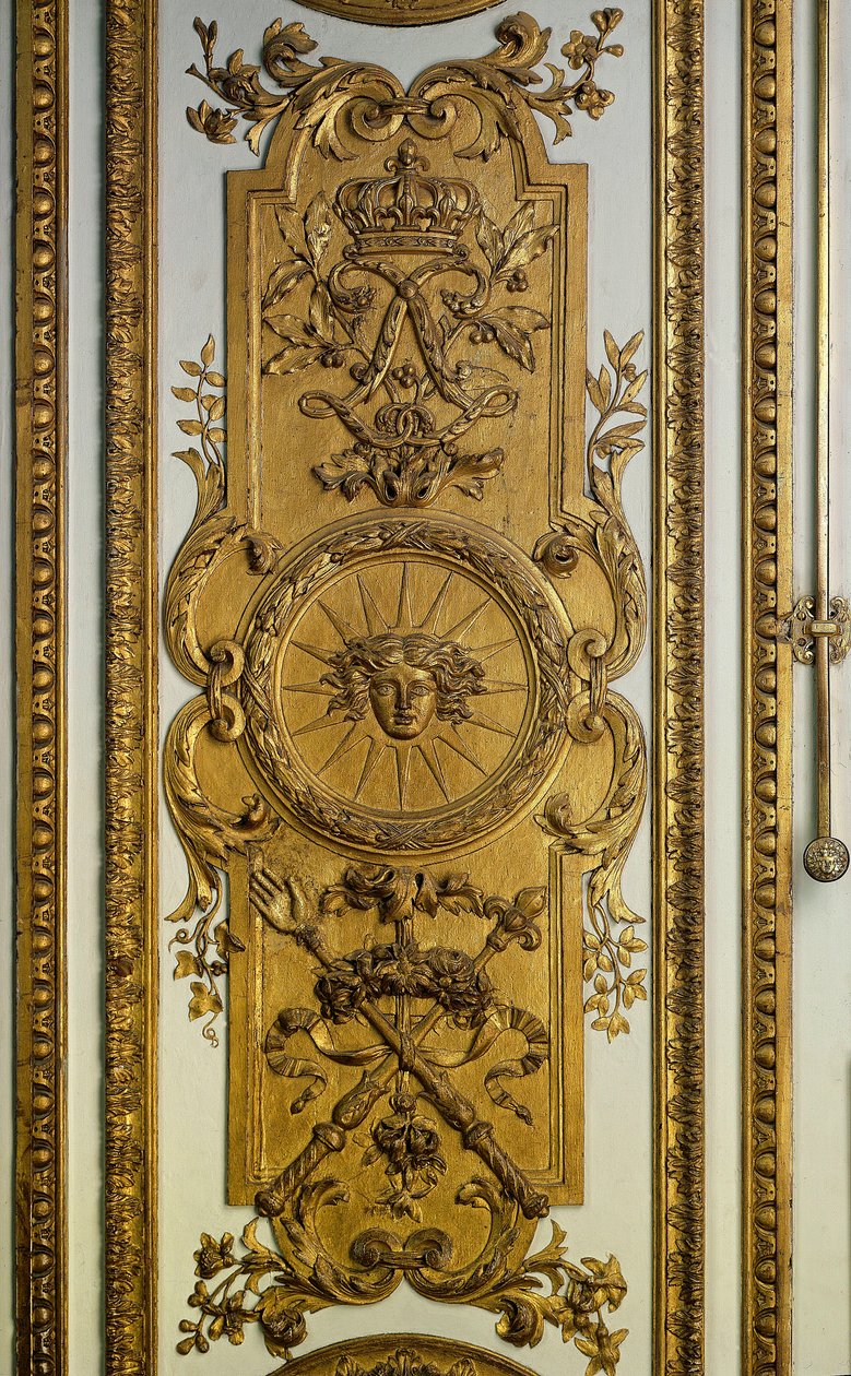 Dørtræ til Venus Salon med sol og scepter. Versailles fra det 17. århundrede. Chateau Museum af French School
