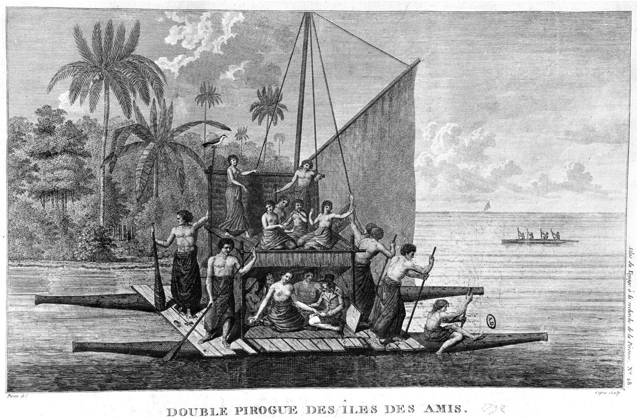 Dobbelt Pirogue of the Friendly Islands, illustration fra Atlas du Voyage a la recherche de La Perouse, 1792 af French School