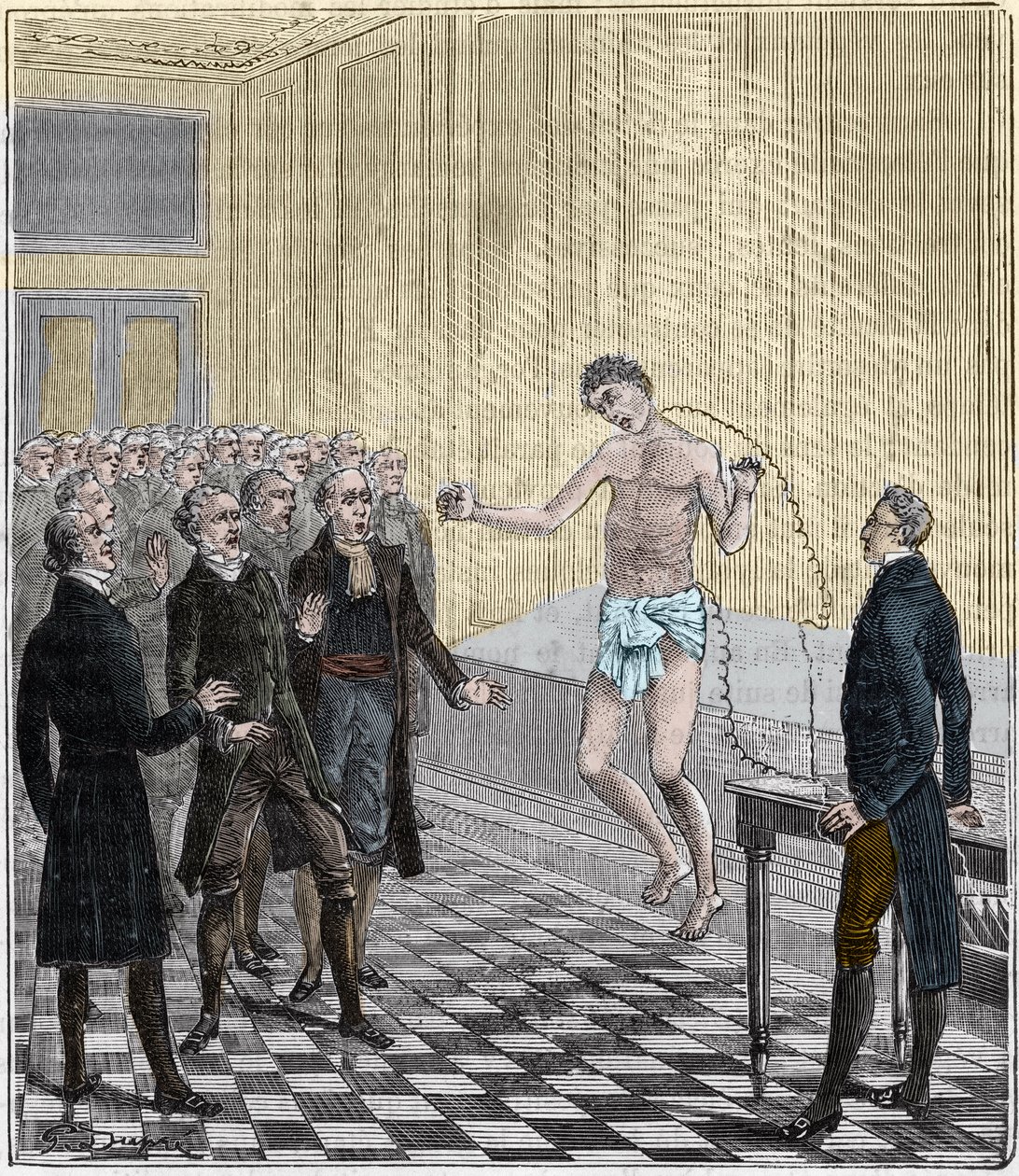 Dr. Andrew Ure udfører voltaiske eksperimenter på liget af den henrettede morder, Clydesdale, i 1818 - Erfaring af Andrew Ure (1778-1857) på et lig - Indgravering i "" Videnskaber sat for døren til alle - fysik og kemi"" af Alexis Clerc - Slut 19 af French School