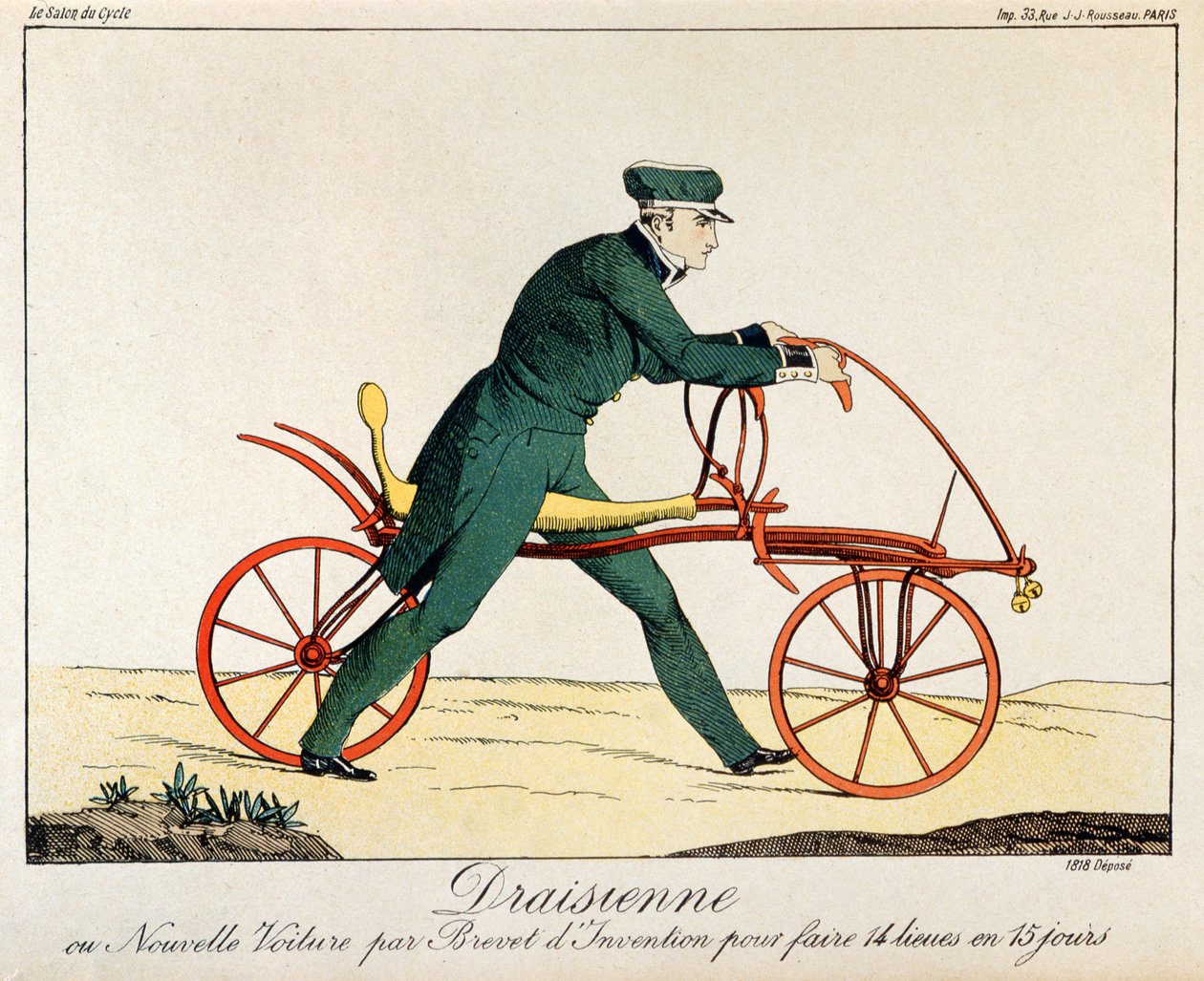 Draisienne, cyklens stamfader, 1820 (farvegravering) af French School