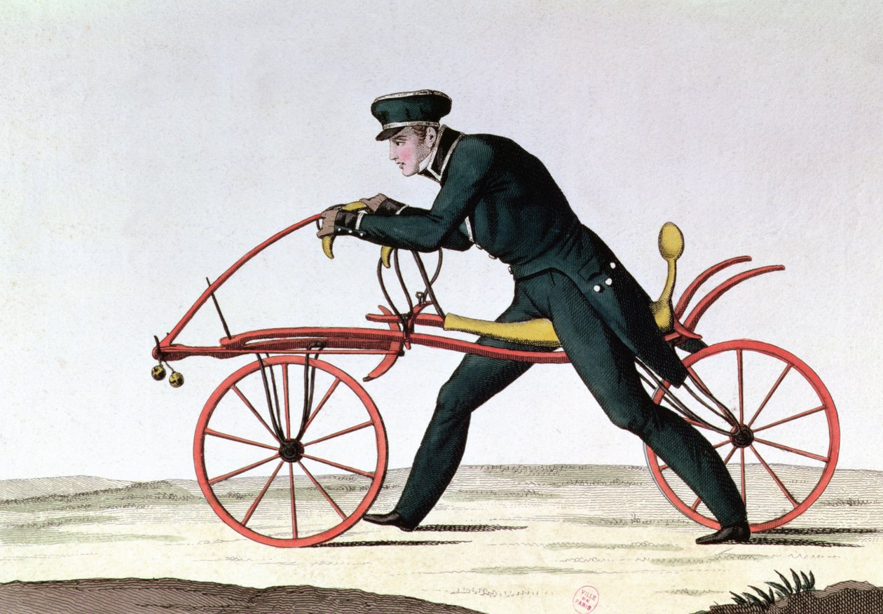 Draisienne, forfader til cyklen, opfundet 1816 af baron Karl von Drais (1785-1851), 1820 (farvegravering) af French School