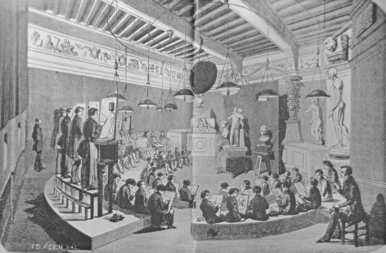 Tegnelektion fra skulptur, Royal Free School of Art (litho) af French School