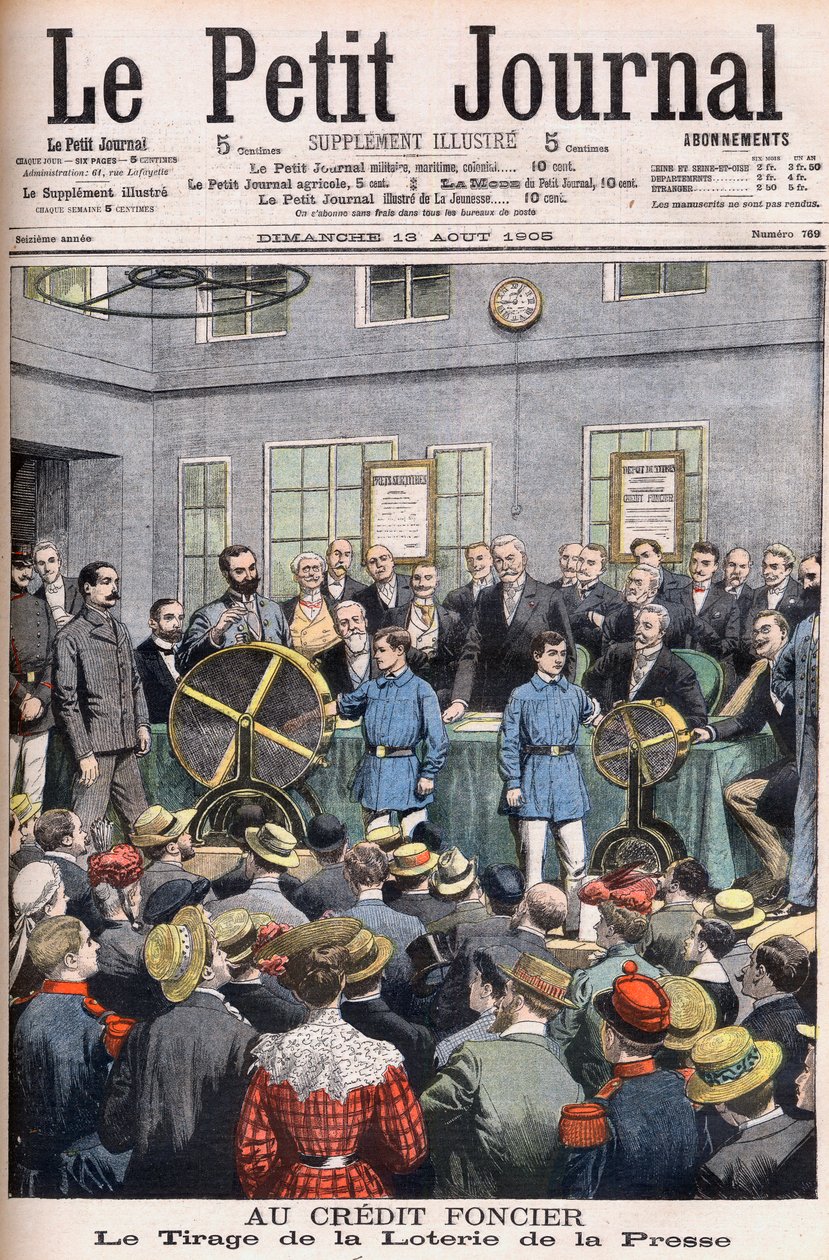 Udtrækning af presselotteriet på Credit Fonciers kontorer fra Frankrig til Paris. Jordkredit. Presselotteriets lodtrækning. Illustration til Le petit Journal af French School