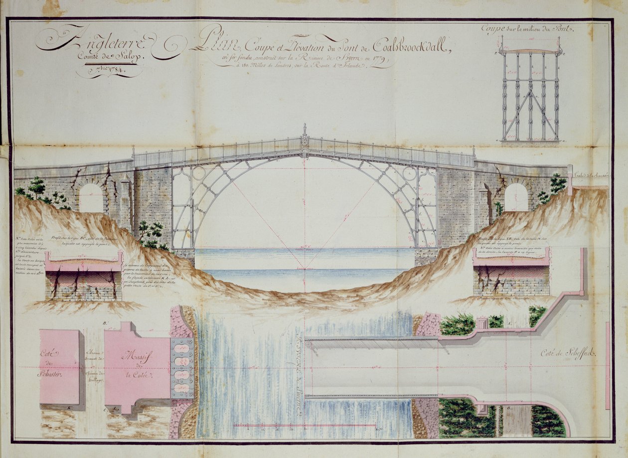 Tegninger og tværsnit af Iron Bridge bygget i 1779 i Coalbrookdale, Shropshire, England, 1784 (pen, blæk & wc på papir) af French School