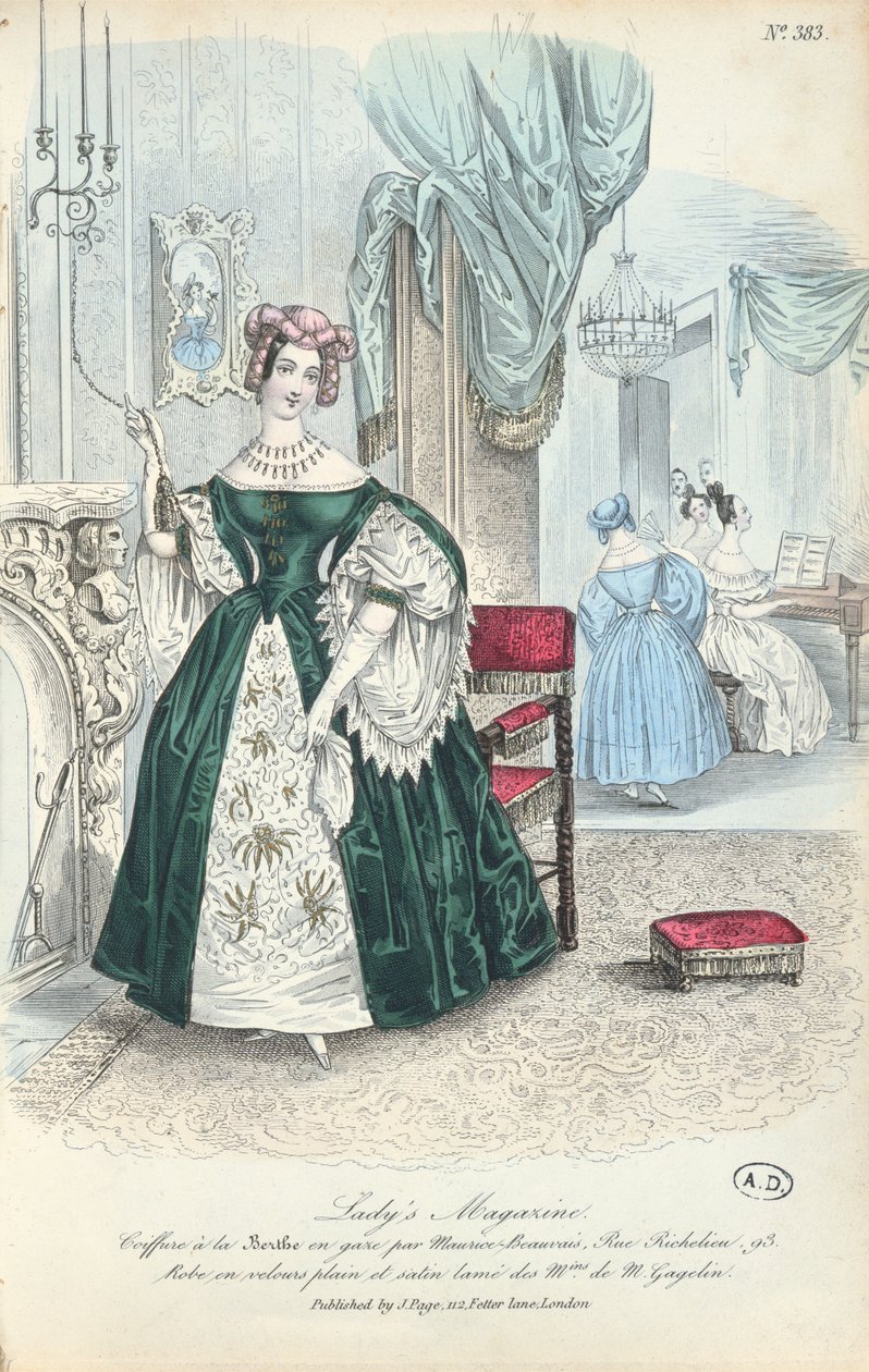 Kjole i almindeligt fløjl og lam satin, parisisk modetallerken fra The Ladys Magazine, udgivet i London, 1831 af French School