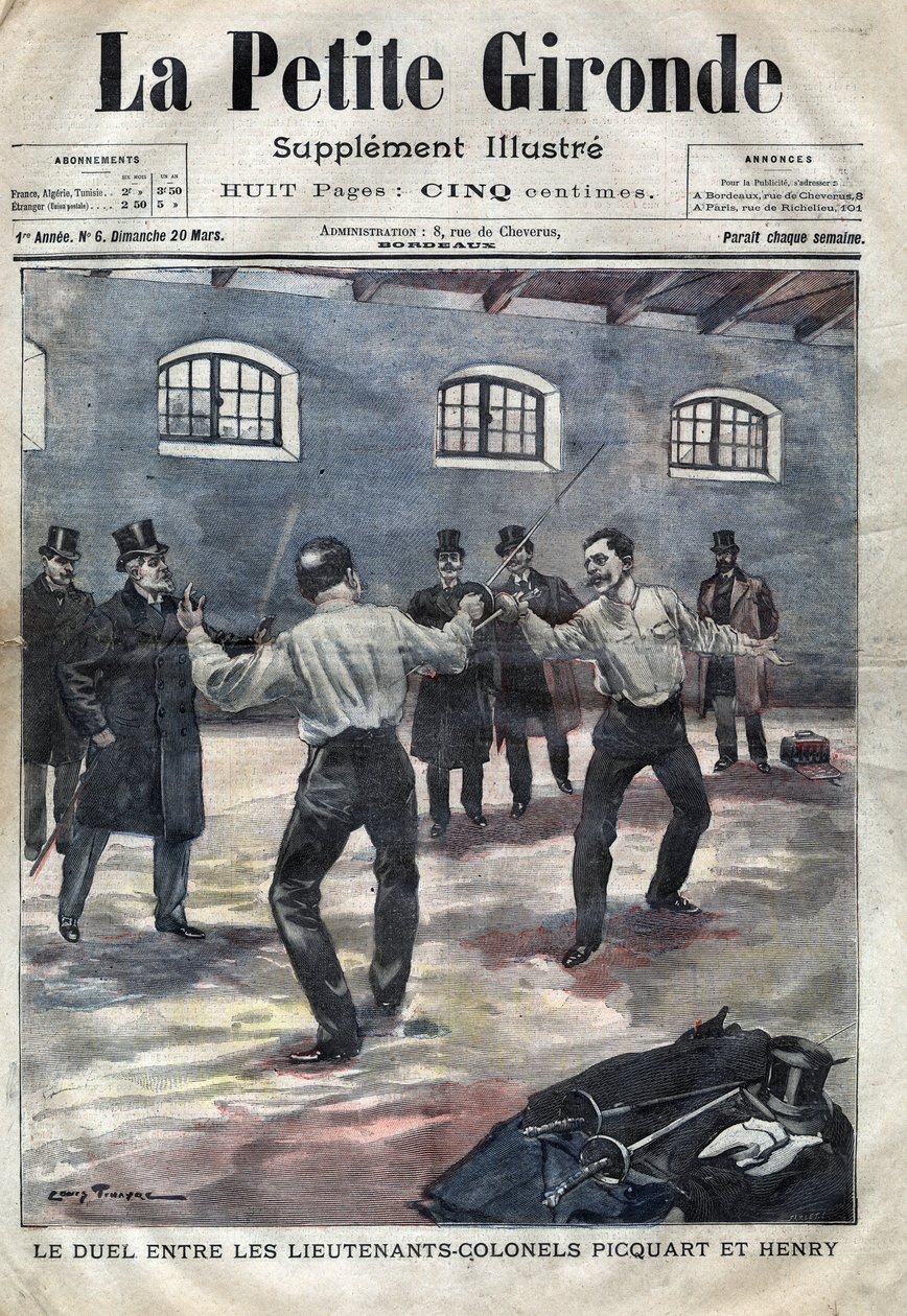 Dreyfus-affæren: duellen mellem oberstløjtnant Georges Picquart (1854-1914) og Hubert Henry (1846-1898) på militærskolen i Paris. Omslag til ”La petite Gironde” fra marts 1898 (stik) af French School