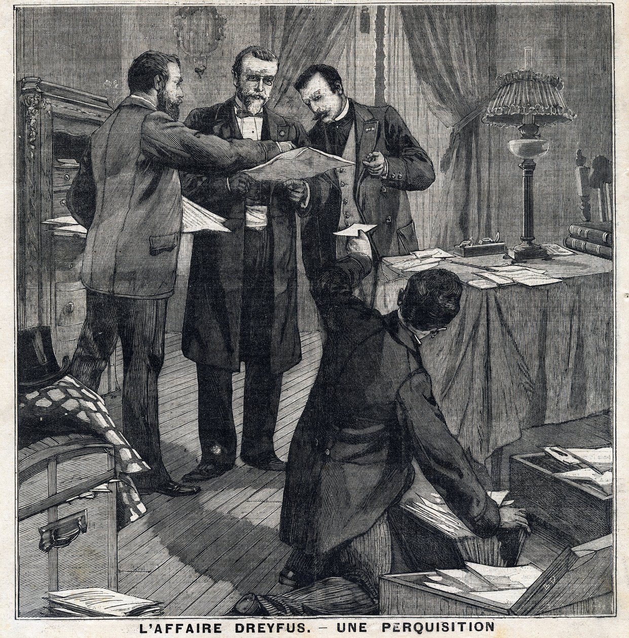 Dreyfus-sag: Tre civilklædte betjente og en politikommissær foretager en ransagning af Georges Picquarts hjem (1854-1914). I "" Le Peute Parisien"" den 5/12/1897. Privat samling af French School