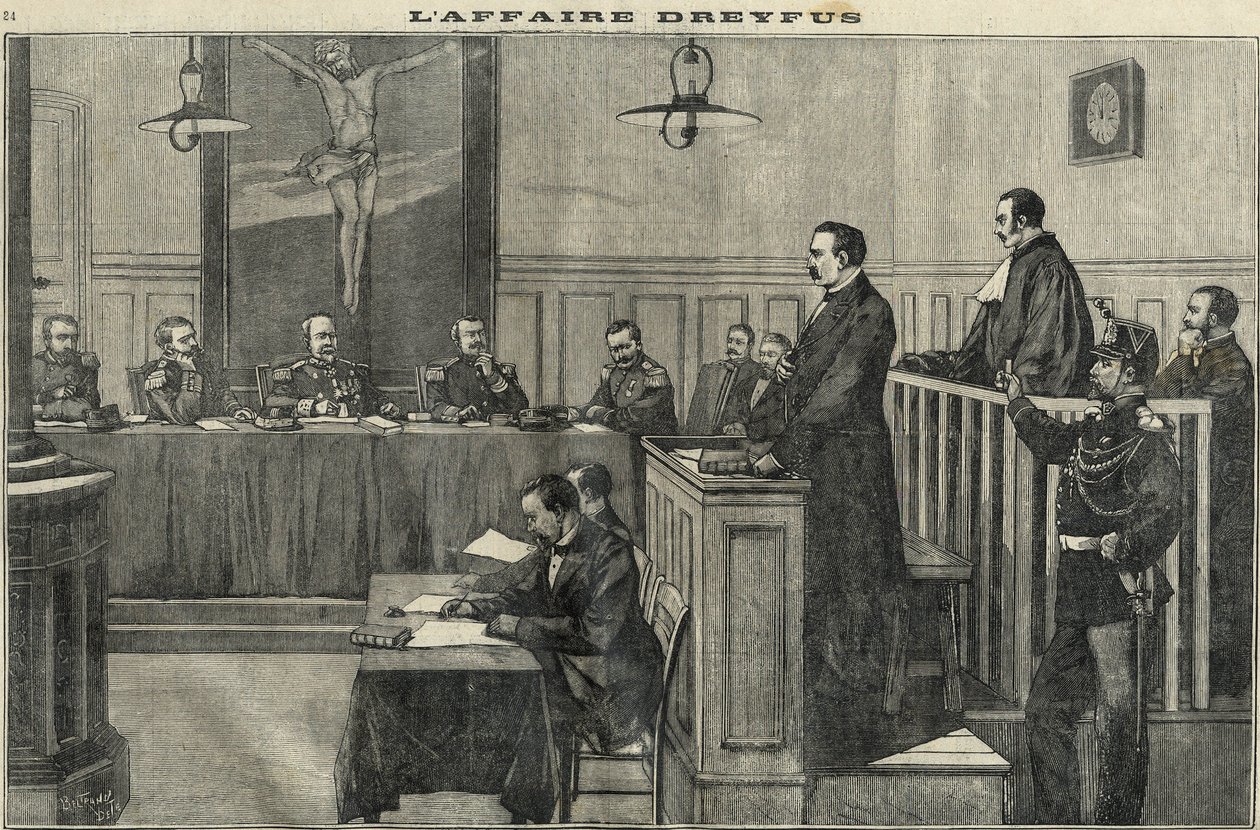 Dreyfus-sag i 1898: en høring af krigsrådet: retssagen mod kommandør Esterhazy. Stik i ”Le petit parisien” fra 1898. af French School