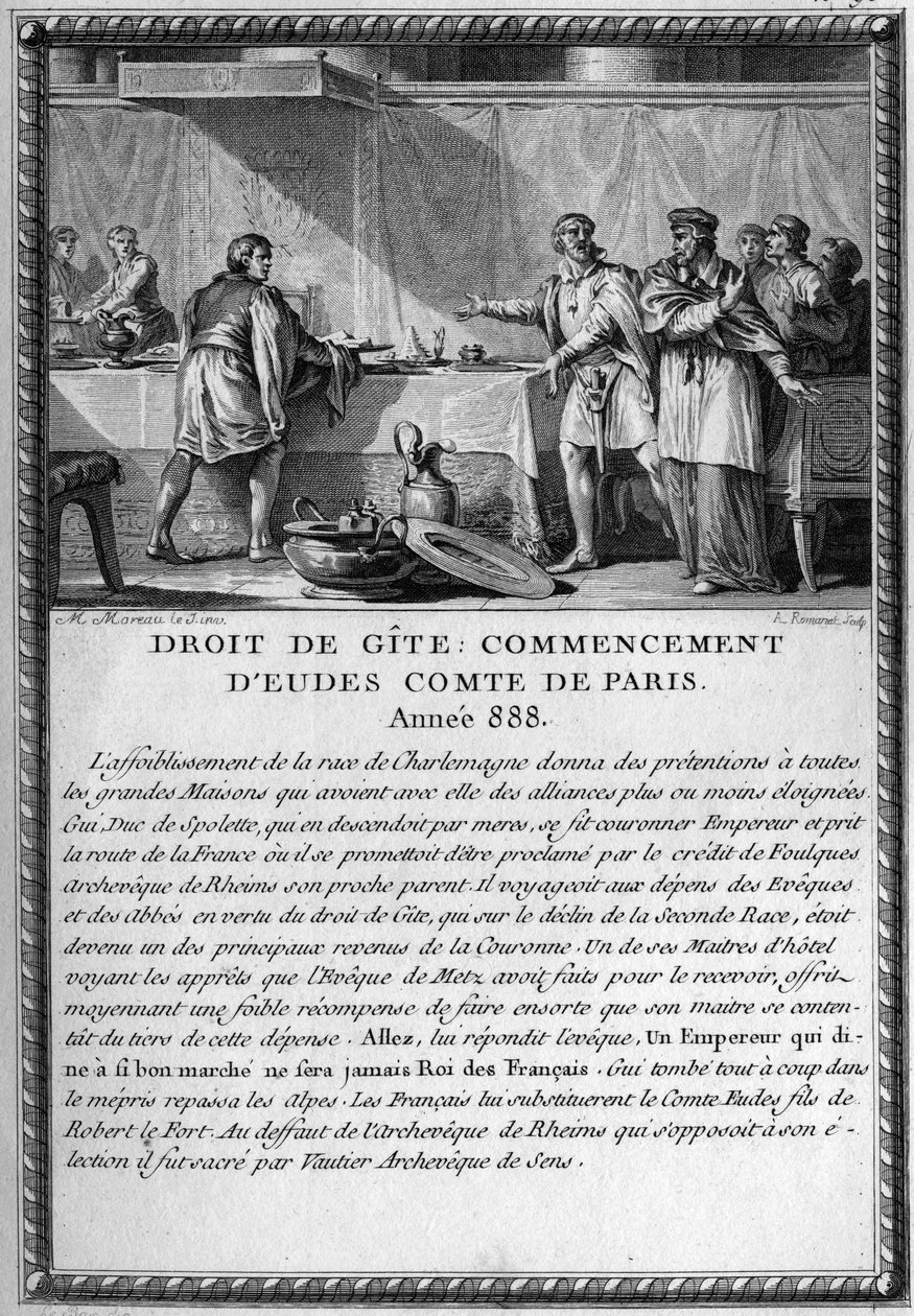 Droit de Gite, Begyndelsen af Eudes, greve af Paris, år 888. Kong Guy (Gui) III, hertug af Spolete (død 894) blev heberger ved Eveque of Metz under retten til et sommerhus (feodal ret giver en herre ret at være heberger af sit folk, når han flytter ind af French School