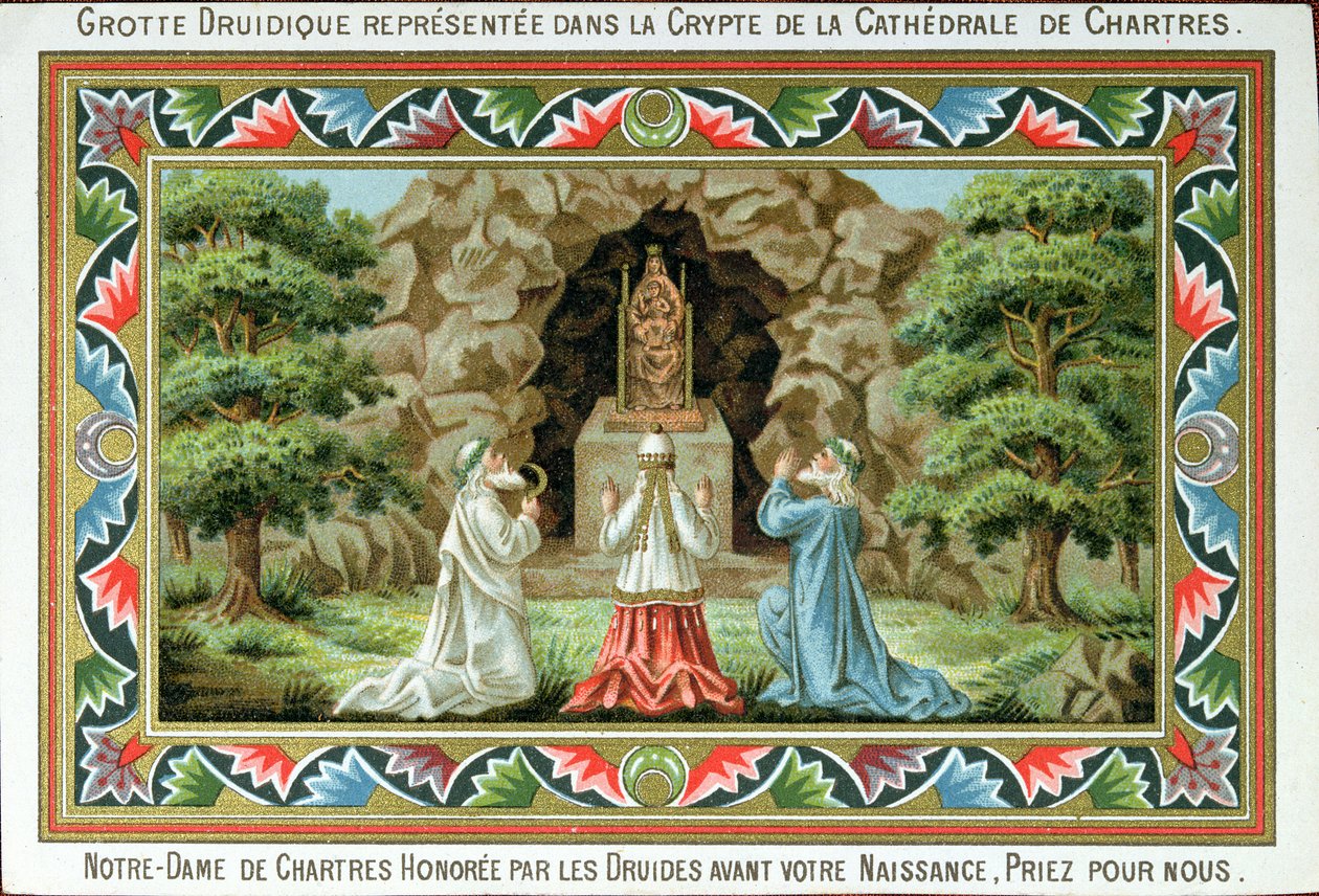 Druider beder ved en statue af Madonna og Barnet på stedet for grotten i Chartres, 1887 af French School