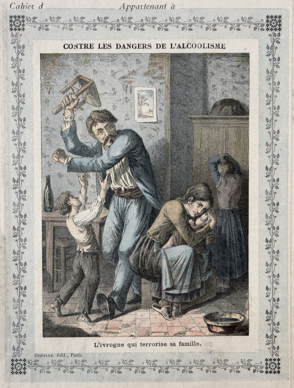 Drunkard terroriserer sin familie, forside til en skolebog. ca. 1900 af French School