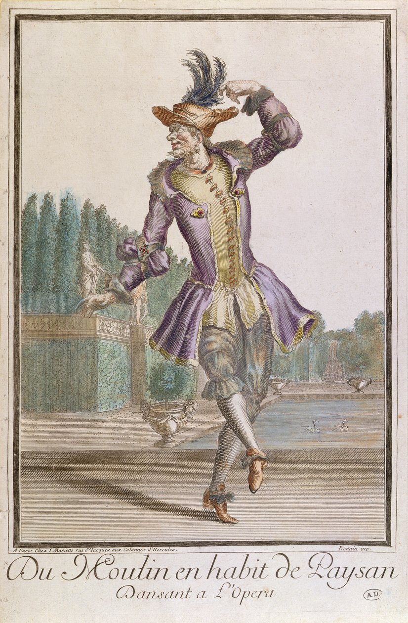 Du Moulin i et bondekostume til en ballet på LOpera, udgivet af Mariette, slutningen af det 17. århundrede af French School