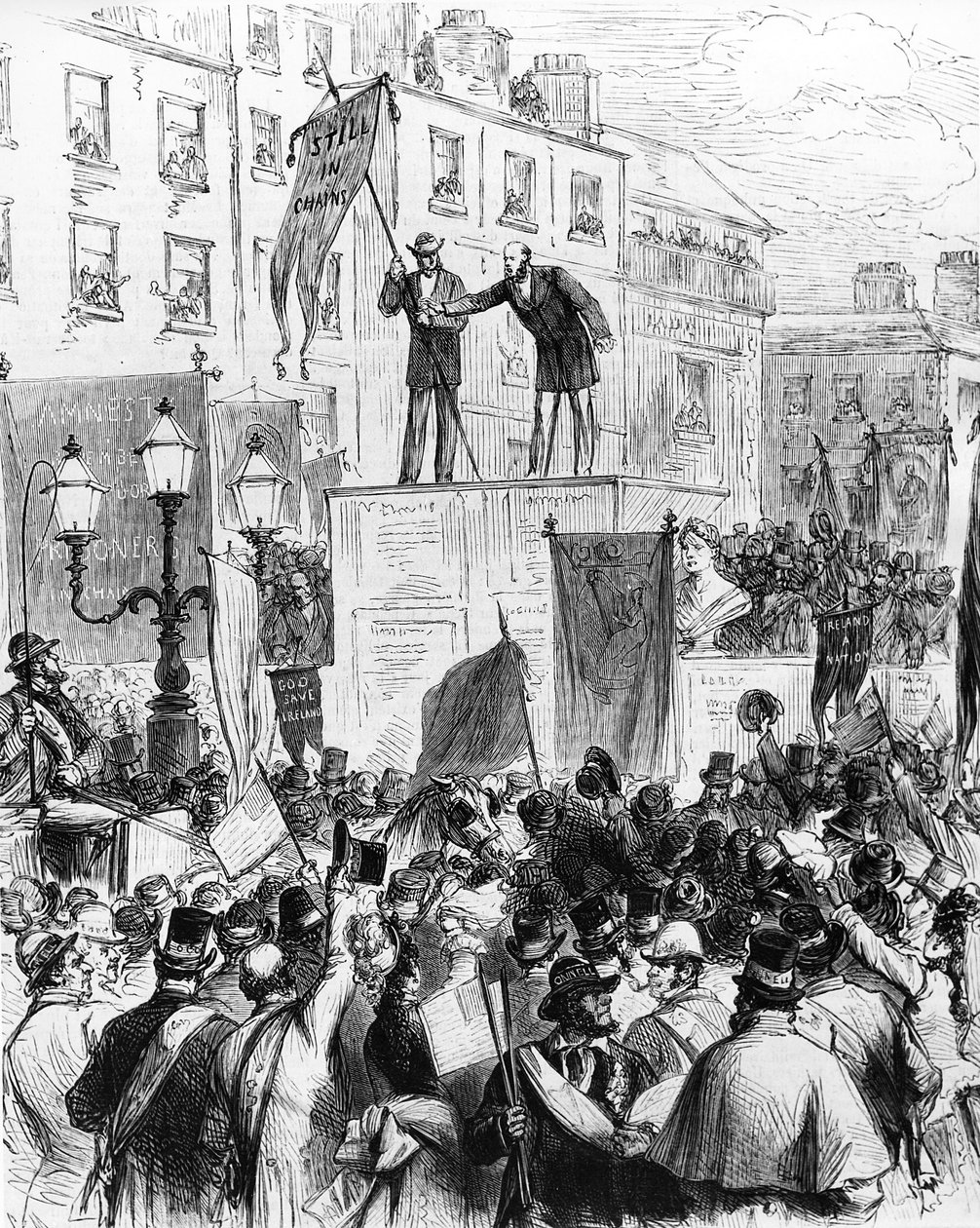 Dublin - Fejring af 100-året for Daniel OConnells fødsel: Mr. Sullivan MP, hylder folket i Sackville Street, fra Le Monde Illustré, 1875 af French School