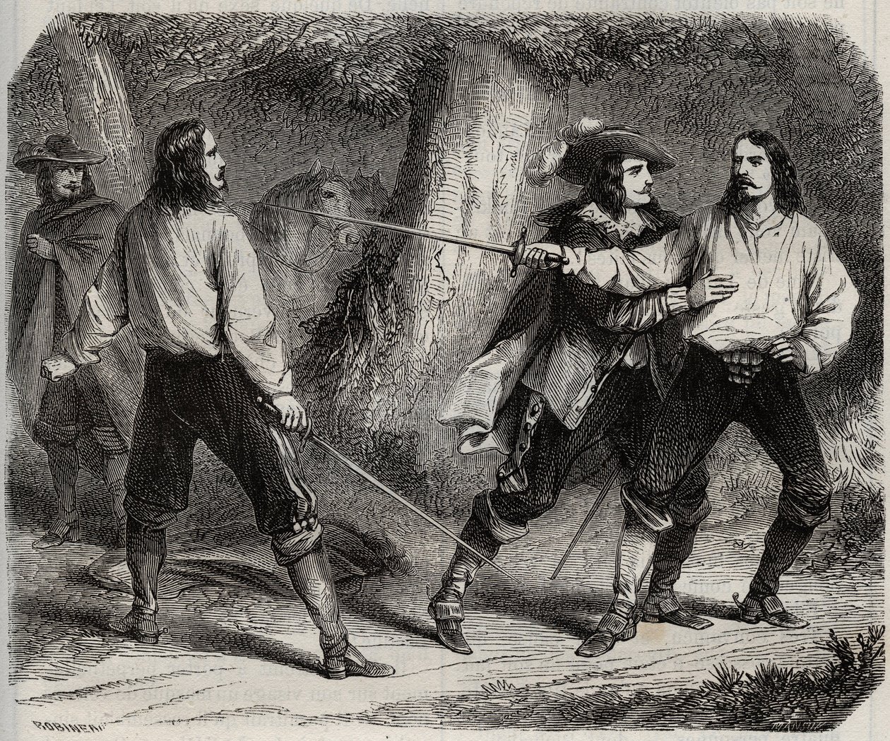 Duel har sværdet mellem Viscount of Cahuzac og markisen af Gesvres, hvis dronning af Frankrig Anne af Østrig er forelsket, i skoven i Vincennes. 17. århundrede. Indgravering fra 1871 i "Histoire Des Cocuses Celebres"" af Henry de Kock (1819-1892). af French School