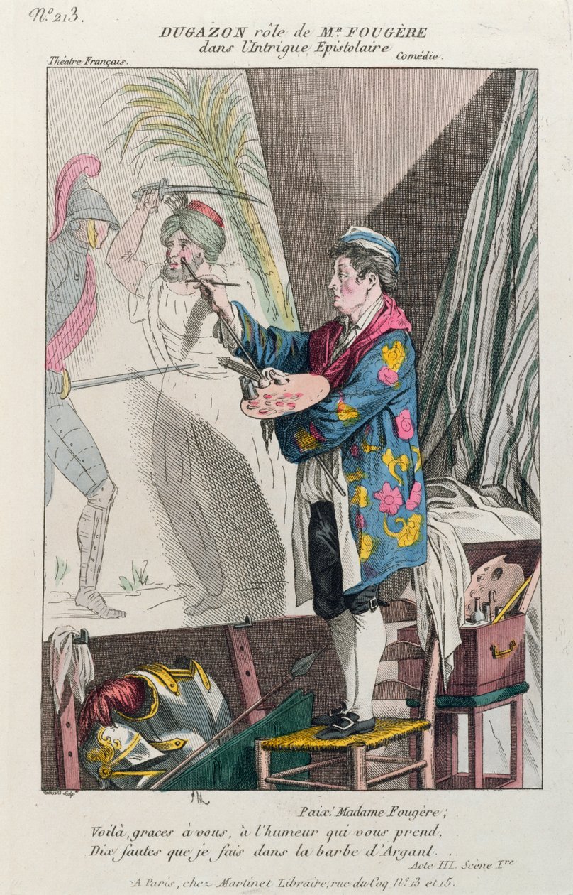 Dugazon i rollen som maleren Fougère i Intrigue Epistolaire, produceret i Paris på Théâtre Français, 1799 (farvegravering) af French School