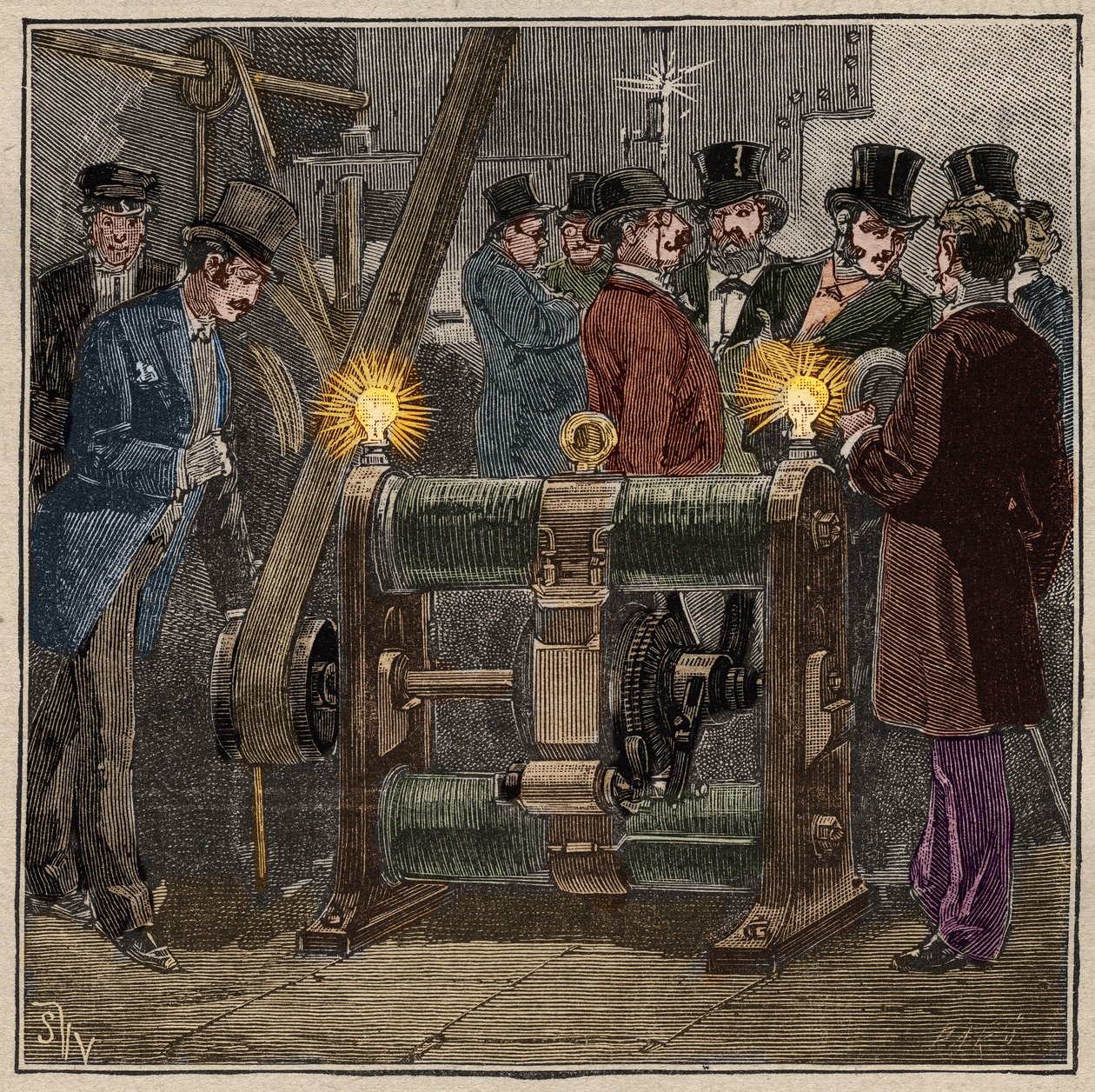 Dynamo elektrisk maskine af typen Gram (Zenobe Theophile Gram), der producerer jævnstrøm, elektrisk erfaring i maskinrummet på Conservatoire des arts et metiers de Paris (ca. 1881). Stik fra 1885 i "" Les arts et metiers illustres"" af Ad af French School