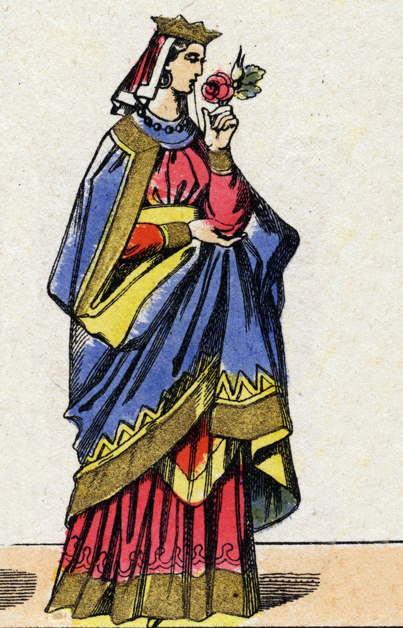 Capetianernes dynasti: Portræt af Berthe af Holland eller Berthe af Friesland (1058-1093) Dronning af Frankrig, hustru til Filip I af Frankrig (1052-1108). Epinal billeddannelse fra slutningen af det 19. århundrede. Privat samling. af French School