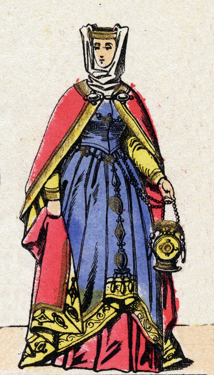 Capetianernes dynasti: Portræt af Isabella af Aragon (1247-1271), dronning af Frankrig, hustru til Filip III kendt som Hardi (1245-1285). Epinal billeddannelse fra slutningen af det 19. århundrede. Privat samling. af French School