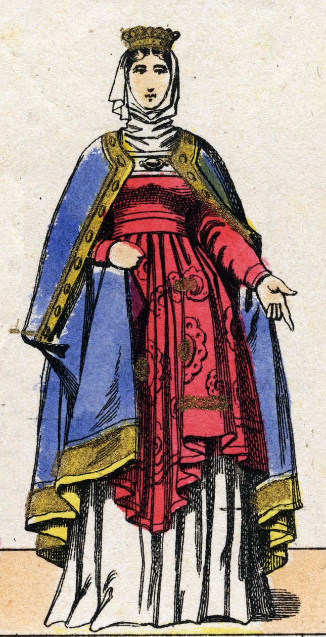 Capetianernes dynasti: Portræt af Isabelle de Hainaut (1170-1190) Dronning af Frankrig, hustru til Philip II kendt som Philip Augustus (1165-1223). Epinal billeddannelse fra slutningen af det 19. århundrede. Privat samling. af French School